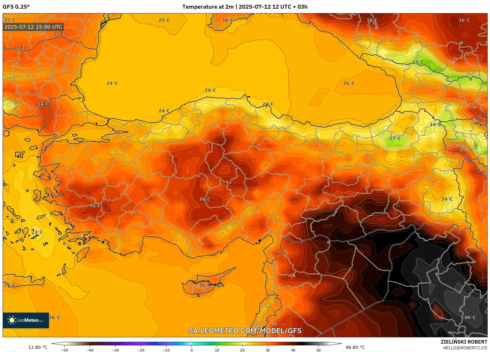 GFS model - Turkey, Temperature at 2m GFS model - Turkey, Temperature at 2m