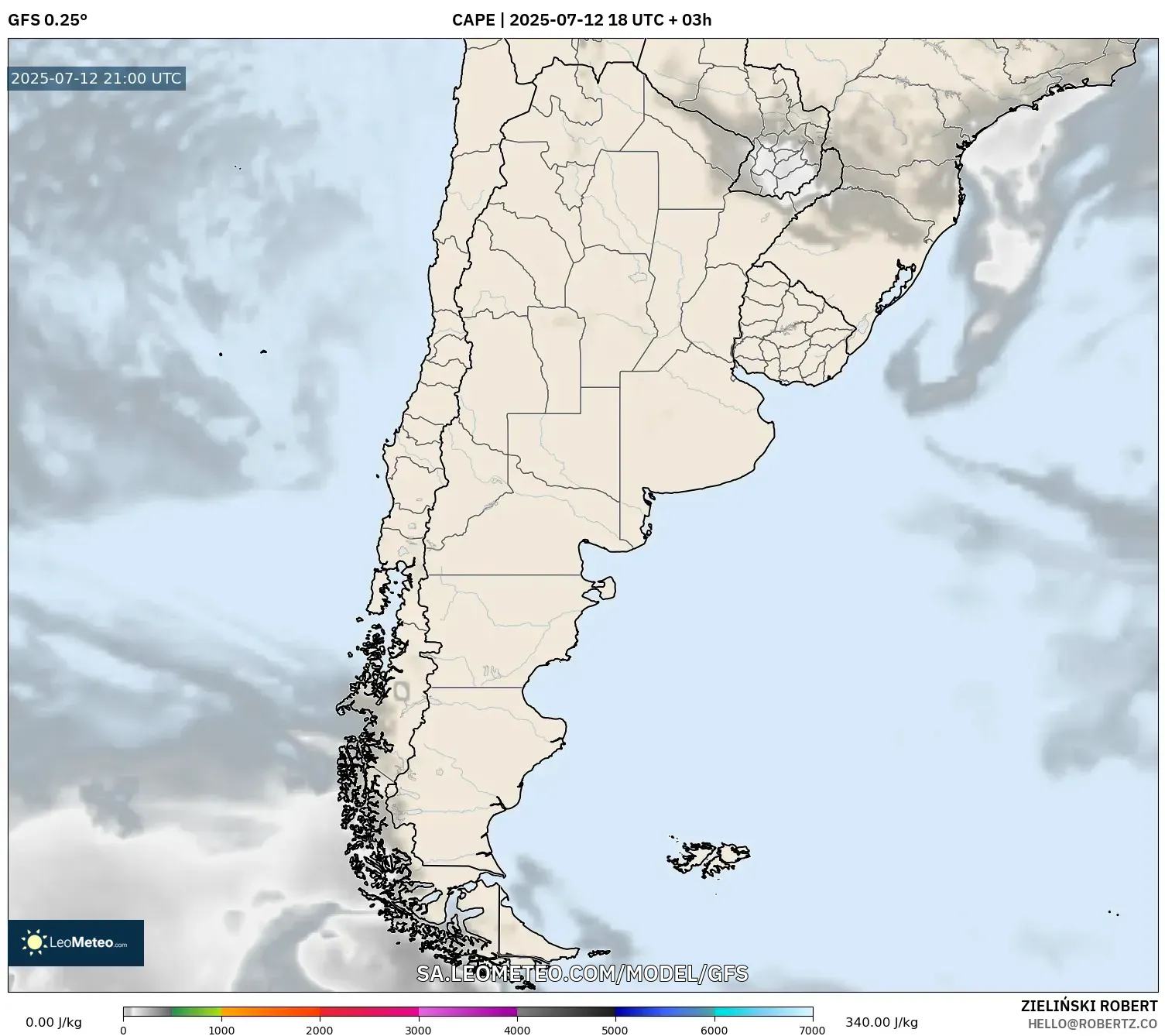 GFS model - Argentina, CAPE GFS model - Argentina, CAPE