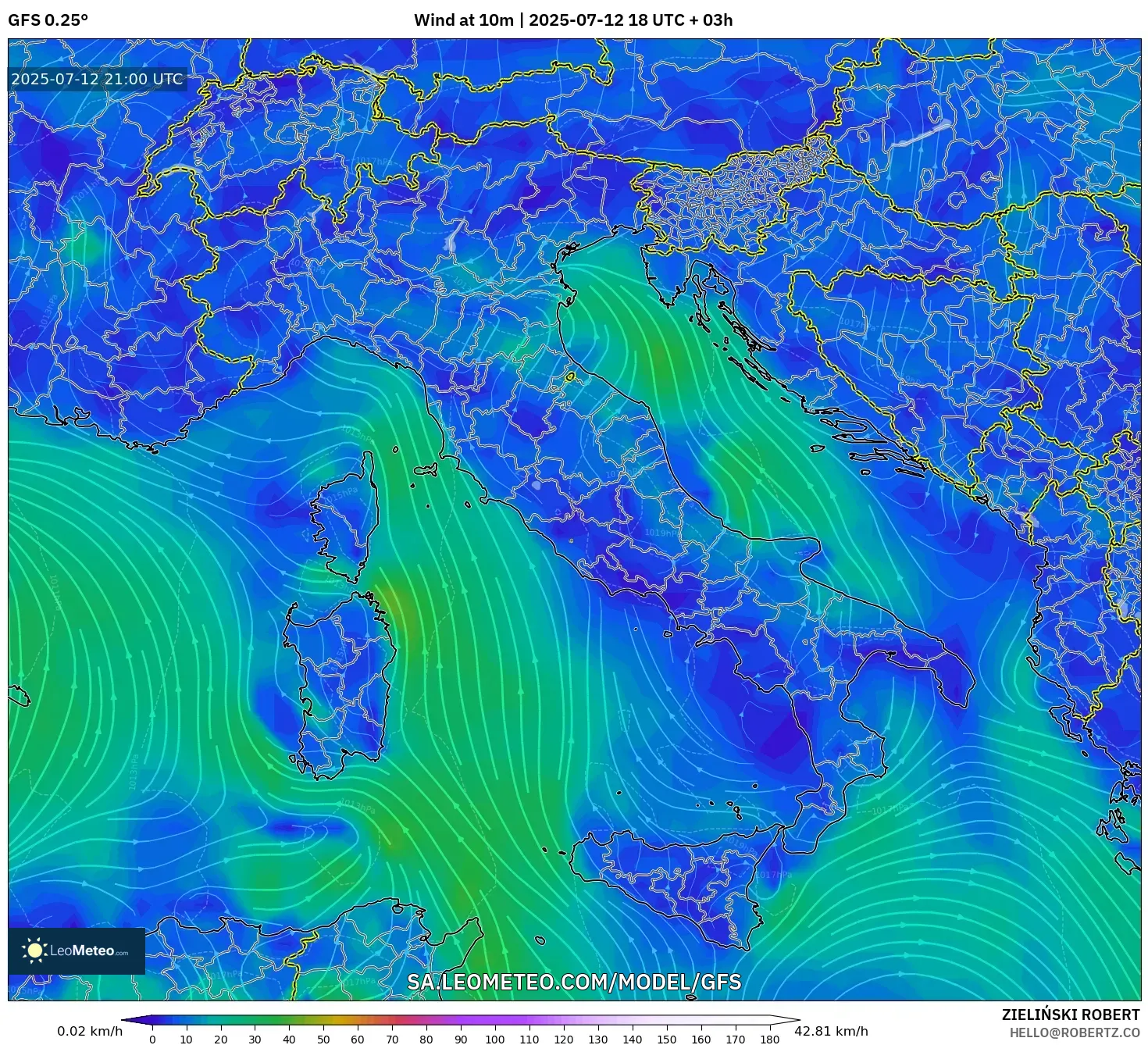 GFS model - Italy, Wind at 10m GFS model - Italy, Wind at 10m