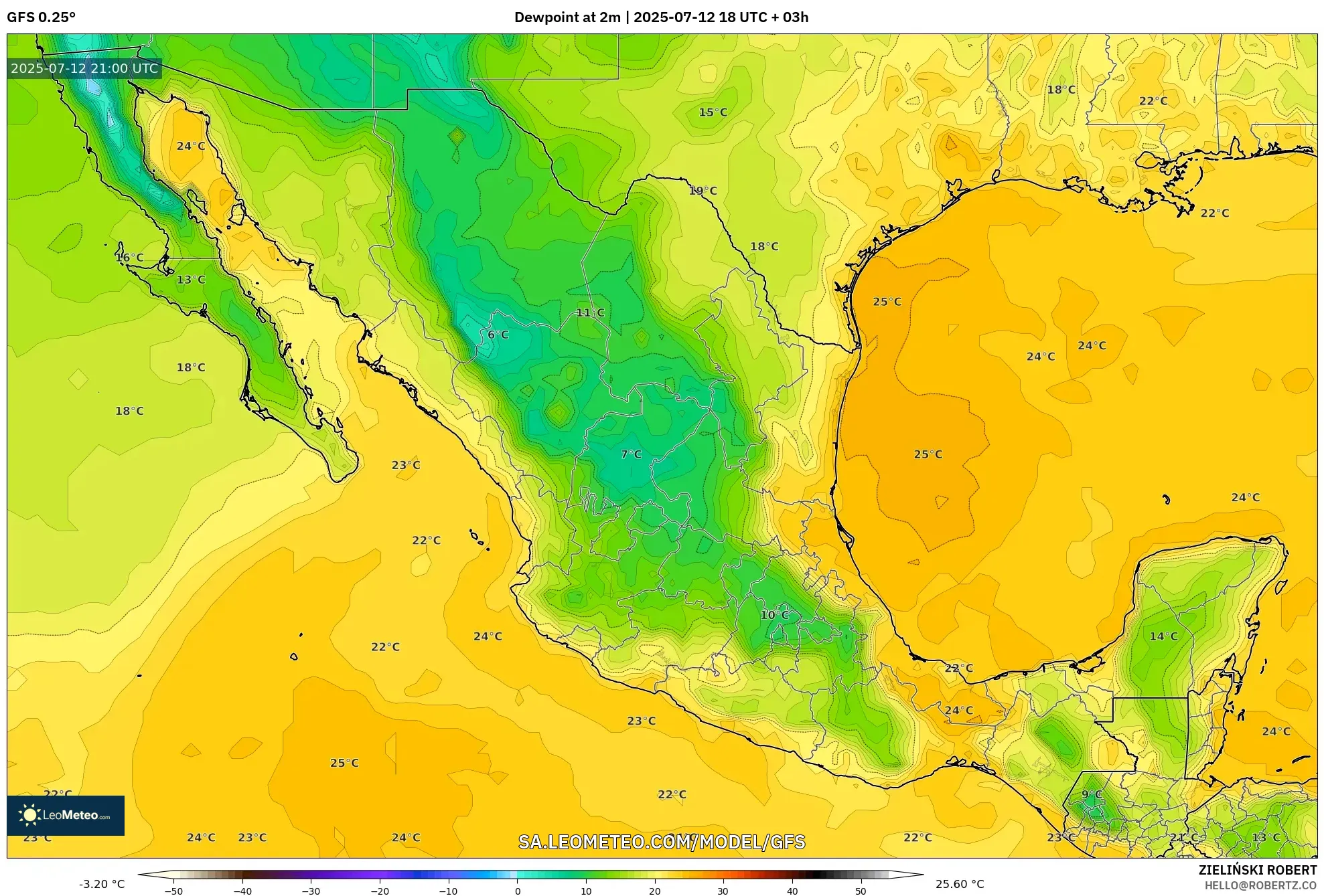 GFS model - Mexico, Dewpoint at 2m GFS model - Mexico, Dewpoint at 2m