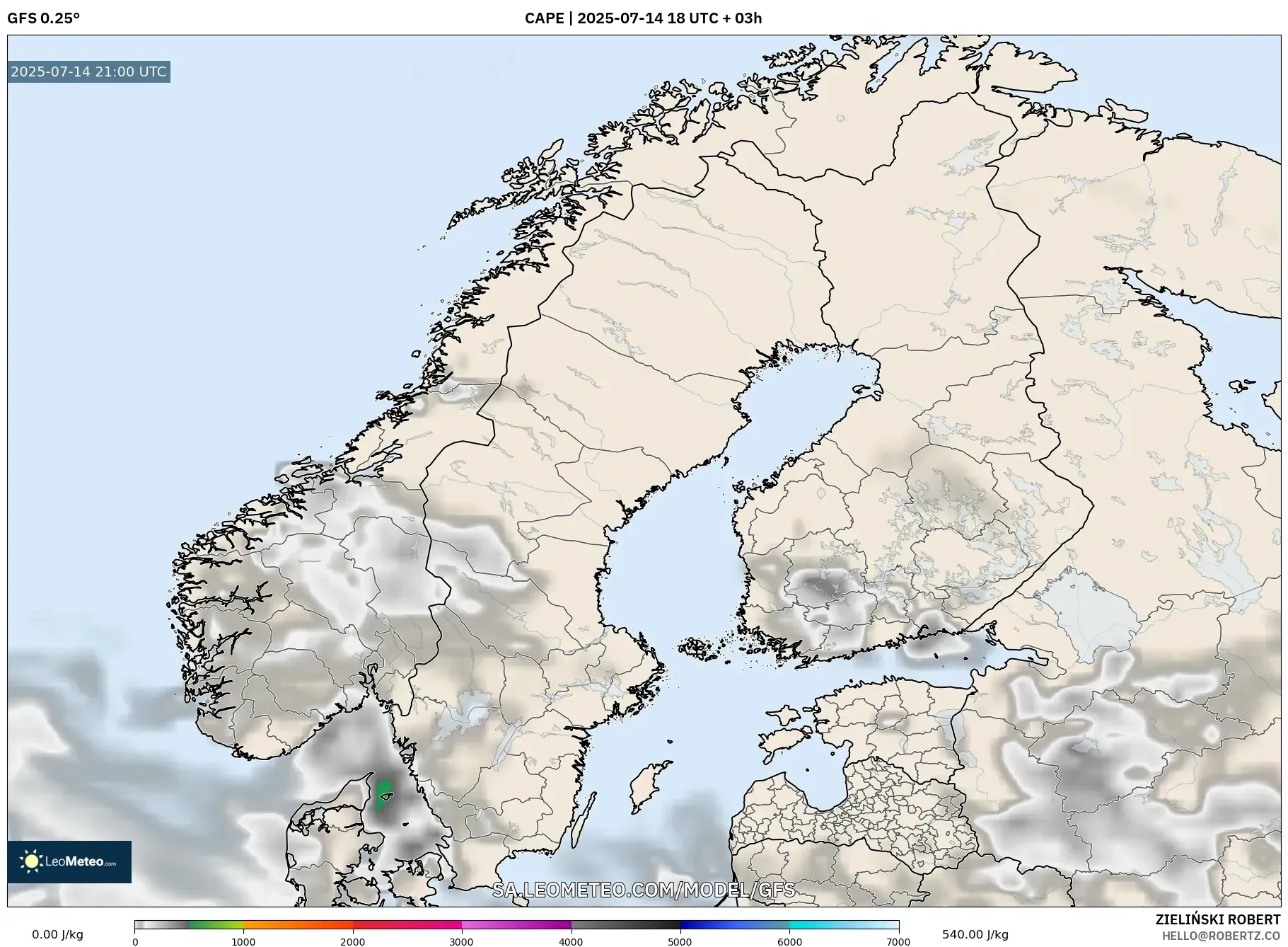 GFS model - Scandinavia, CAPE GFS model - Scandinavia, CAPE