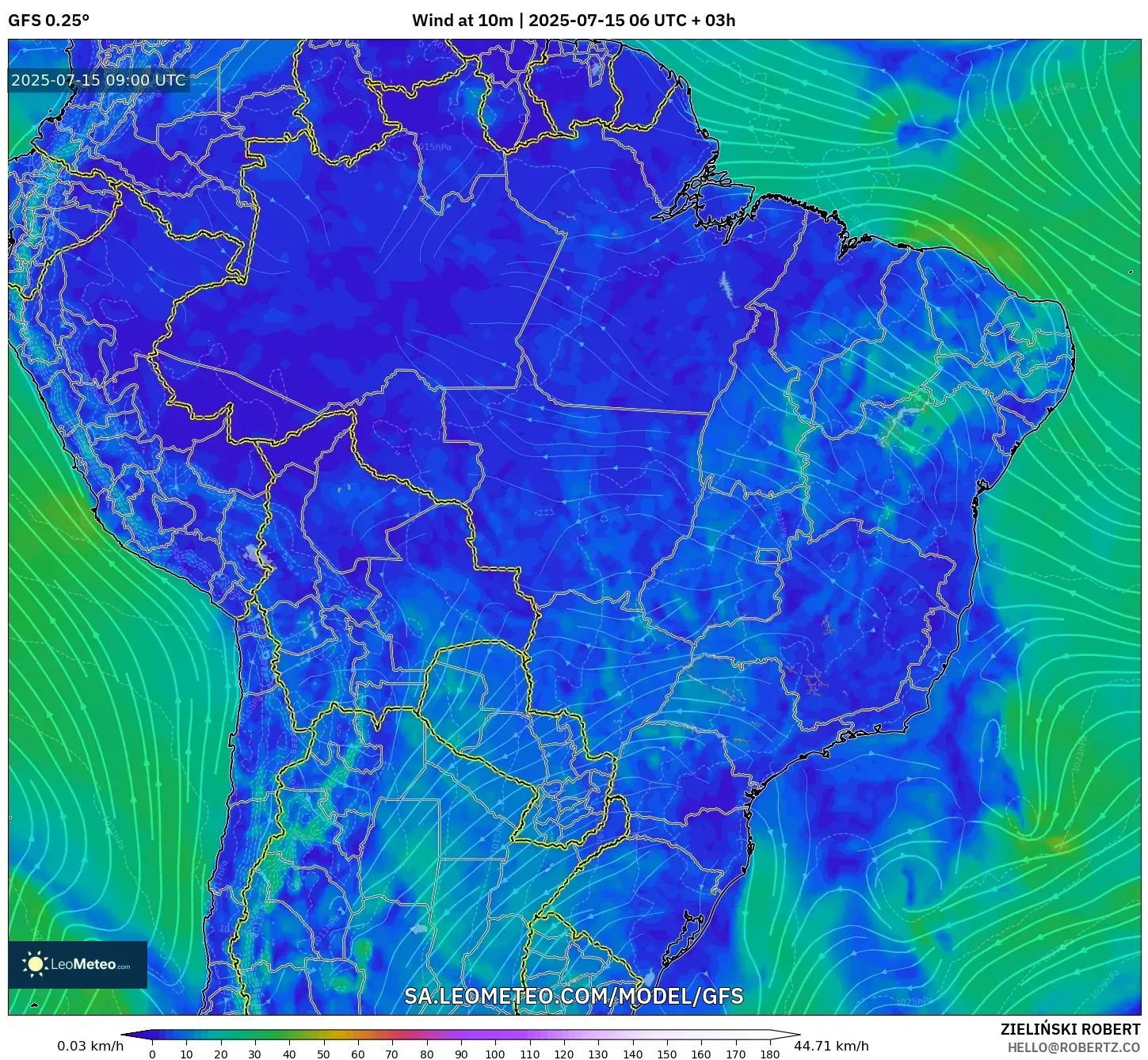 GFS model - Brazil, Wind at 10m GFS model - Brazil, Wind at 10m