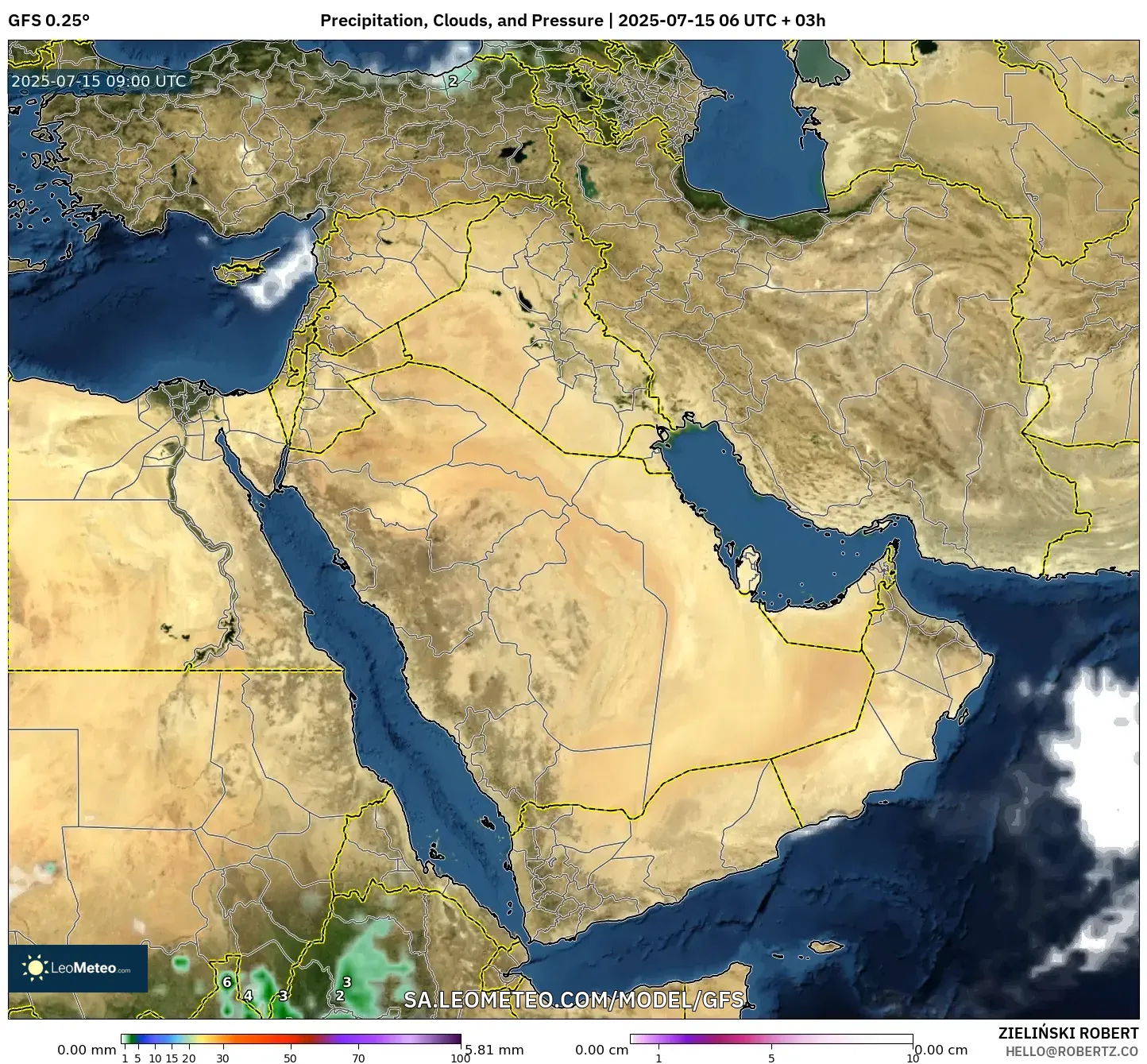 GFS model - Middle East, Precipitation, Clouds, and Pressure GFS model - Middle East, Precipitation, Clouds, and Pressure