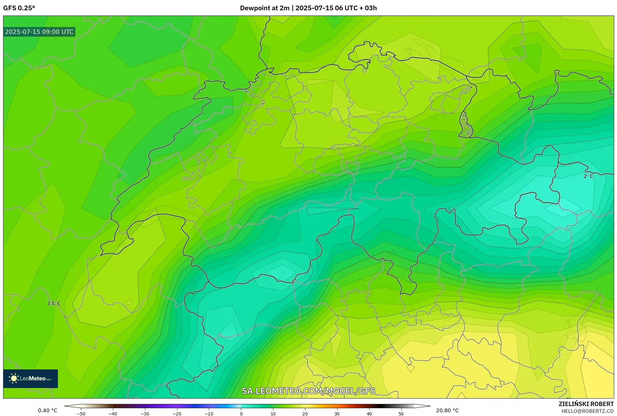 GFS model - Switzerland, Dewpoint at 2m GFS model - Switzerland, Dewpoint at 2m