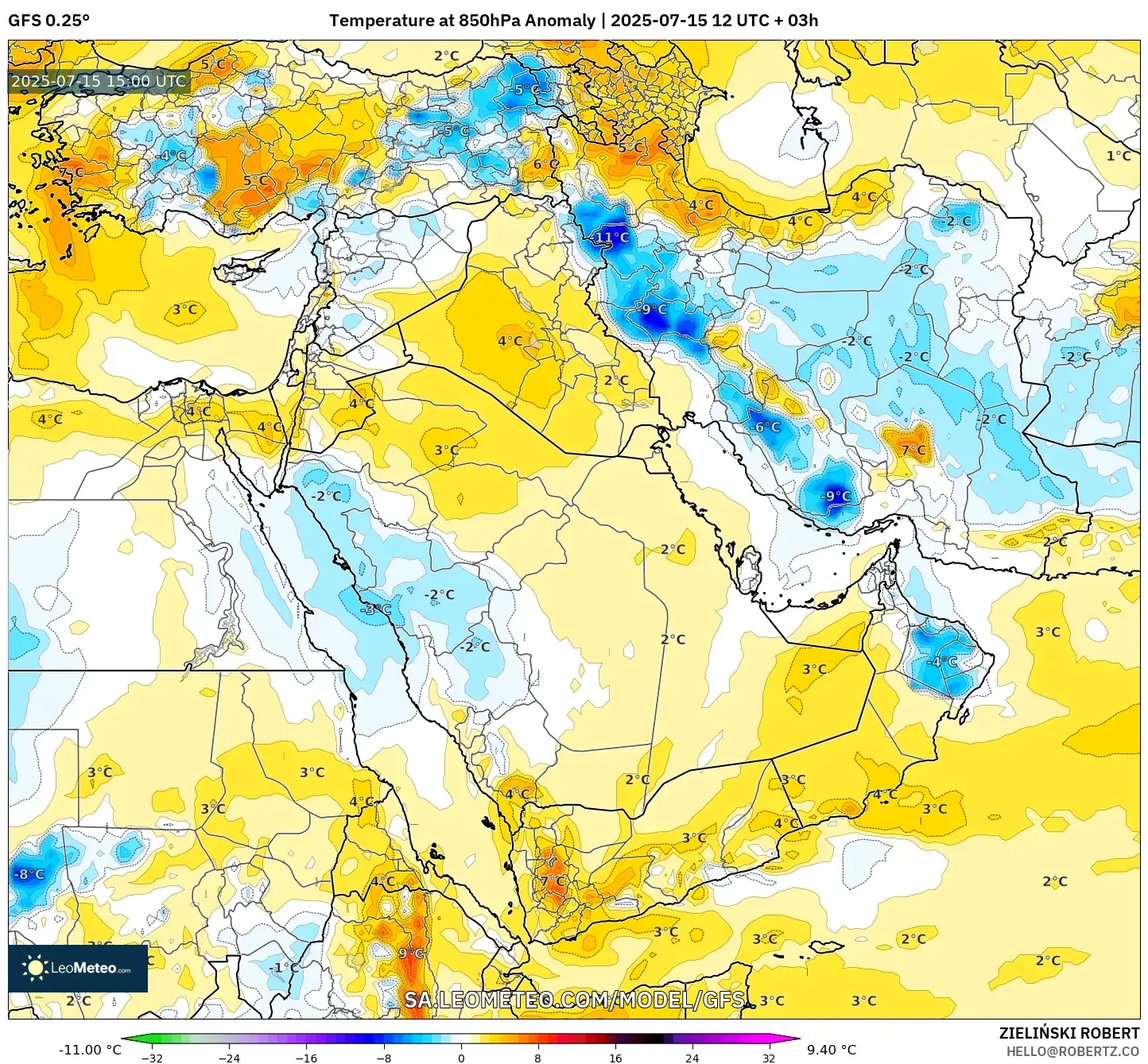 GFS model - Middle East, Temperature at 850hPa Anomaly GFS model - Middle East, Temperature at 850hPa Anomaly