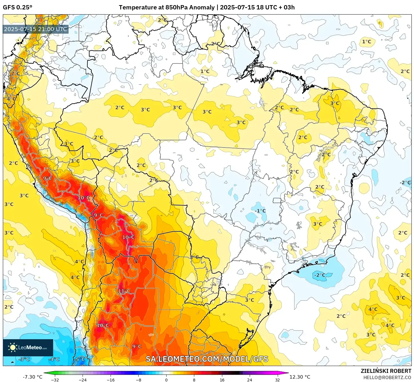 GFS model - Brazil, Temperature at 850hPa Anomaly GFS model - Brazil, Temperature at 850hPa Anomaly