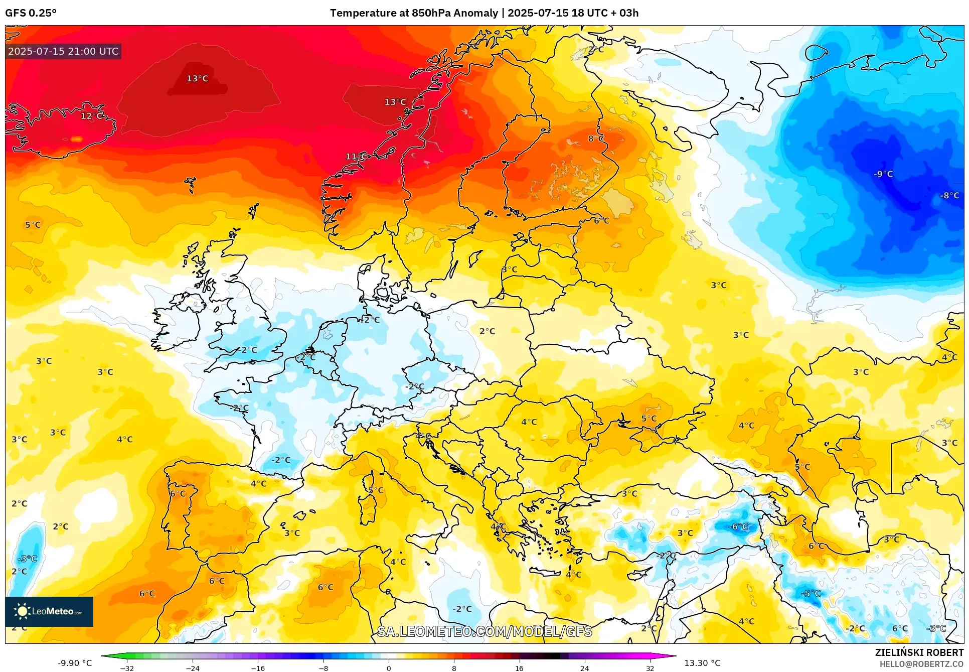 GFS model - Europe, Temperature at 850hPa Anomaly GFS model - Europe, Temperature at 850hPa Anomaly