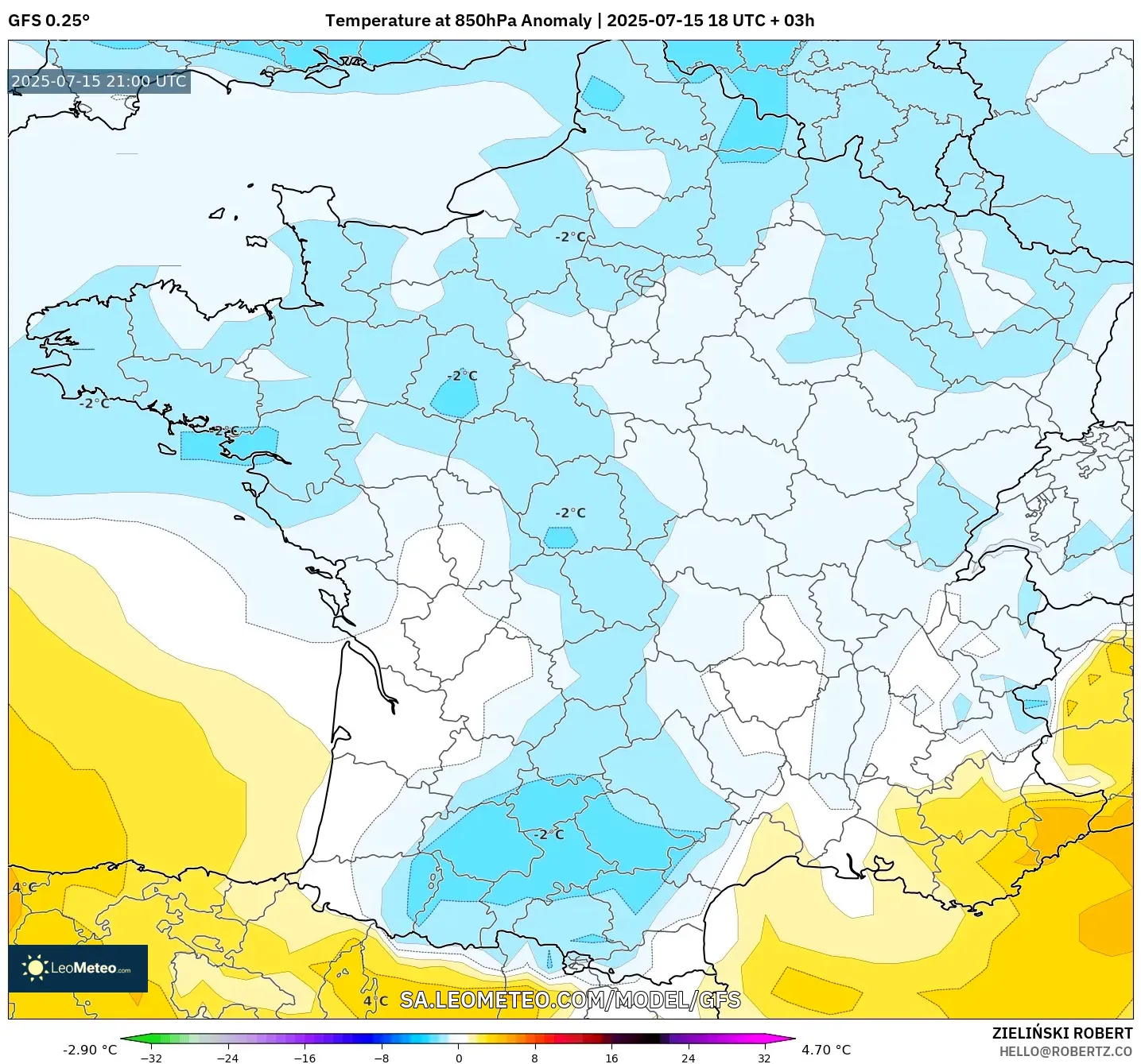 GFS model - France, Temperature at 850hPa Anomaly GFS model - France, Temperature at 850hPa Anomaly