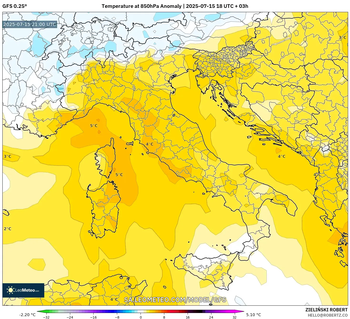 GFS model - Italy, Temperature at 850hPa Anomaly GFS model - Italy, Temperature at 850hPa Anomaly