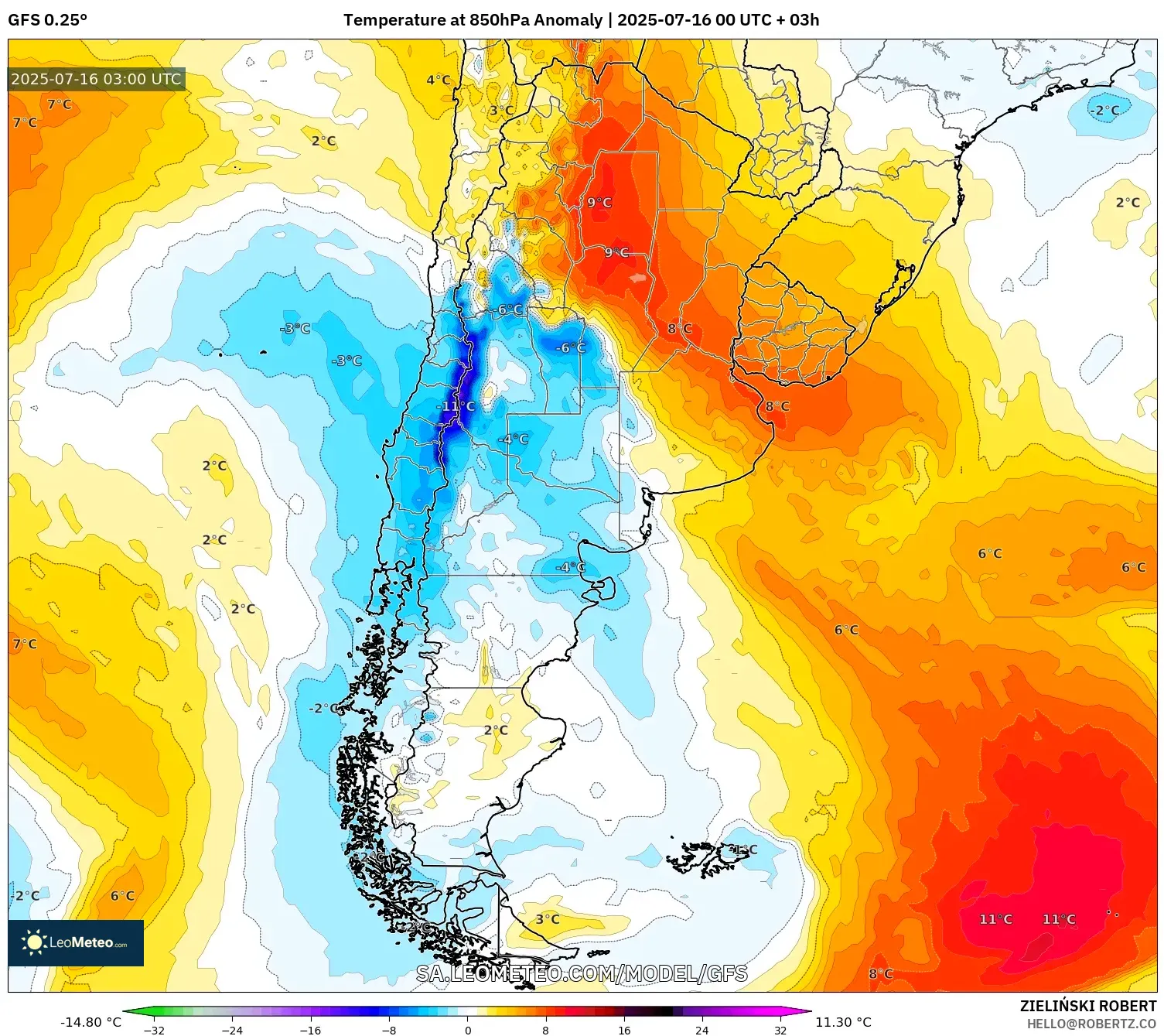 GFS model - Argentina, Temperature at 850hPa Anomaly GFS model - Argentina, Temperature at 850hPa Anomaly