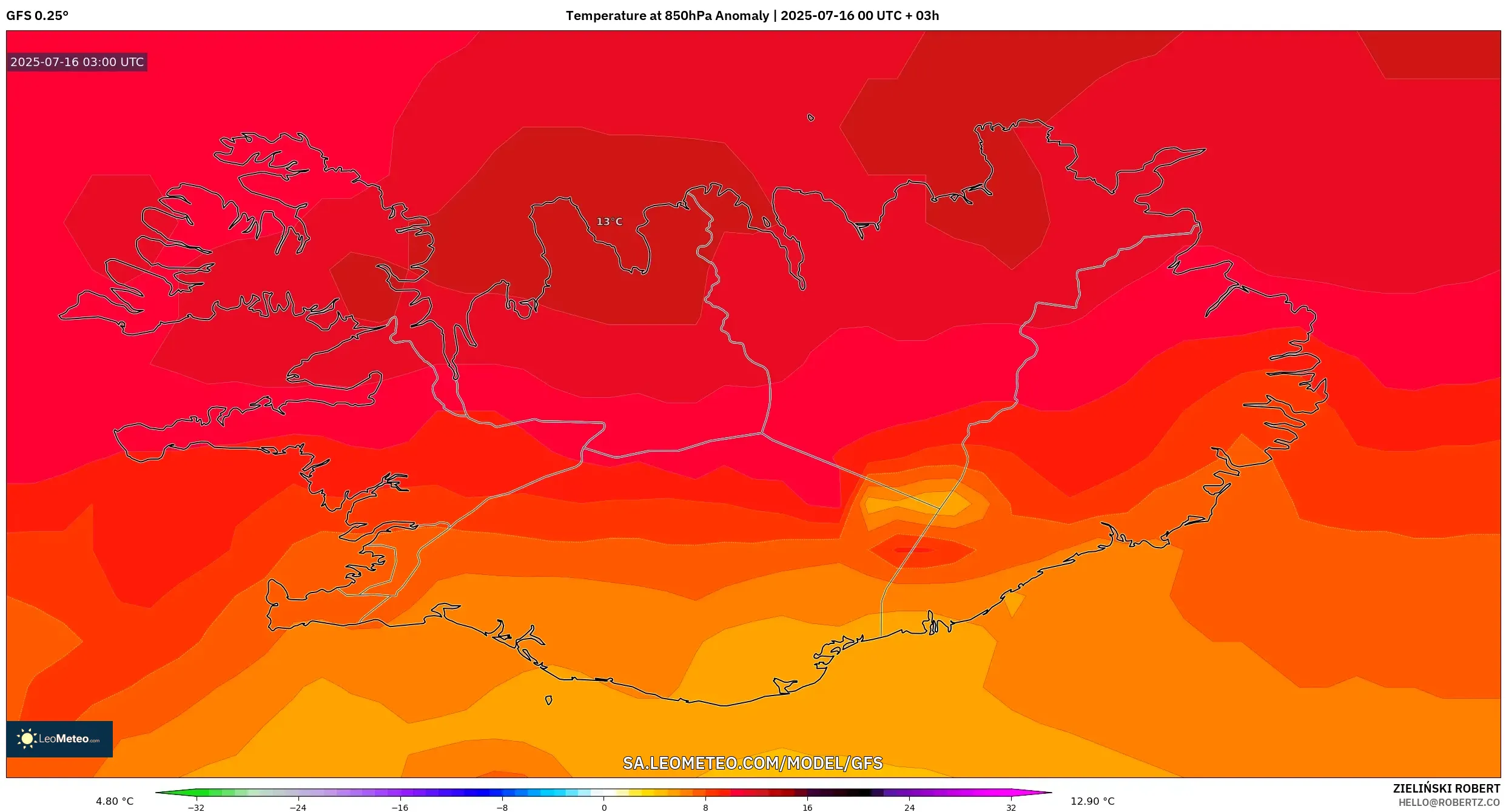 GFS model - Iceland, Temperature at 850hPa Anomaly GFS model - Iceland, Temperature at 850hPa Anomaly