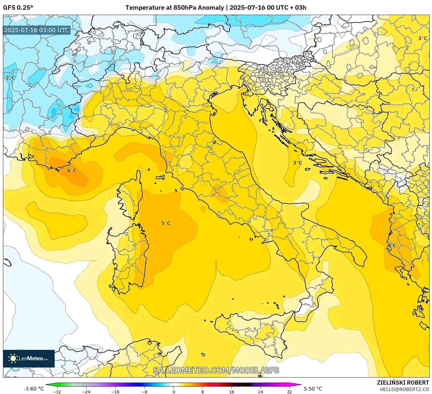 GFS model - Italy, Temperature at 850hPa Anomaly GFS model - Italy, Temperature at 850hPa Anomaly