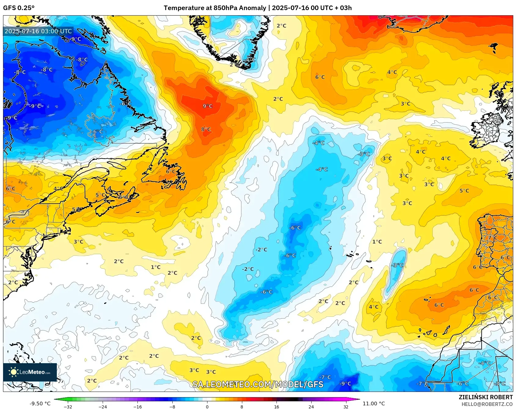 GFS model - North Atlantic, Temperature at 850hPa Anomaly GFS model - North Atlantic, Temperature at 850hPa Anomaly