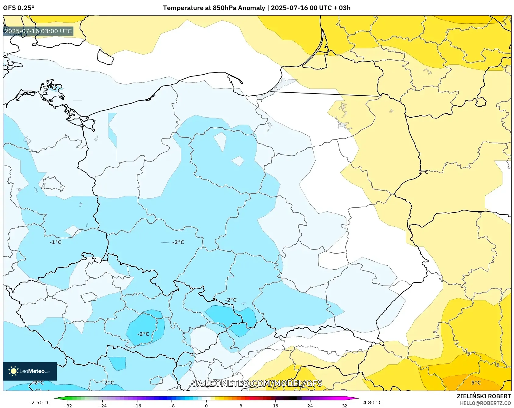 GFS model - Poland, Temperature at 850hPa Anomaly GFS model - Poland, Temperature at 850hPa Anomaly
