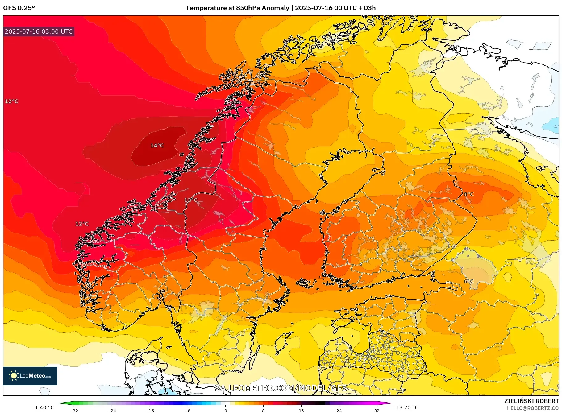 GFS model - Scandinavia, Temperature at 850hPa Anomaly GFS model - Scandinavia, Temperature at 850hPa Anomaly