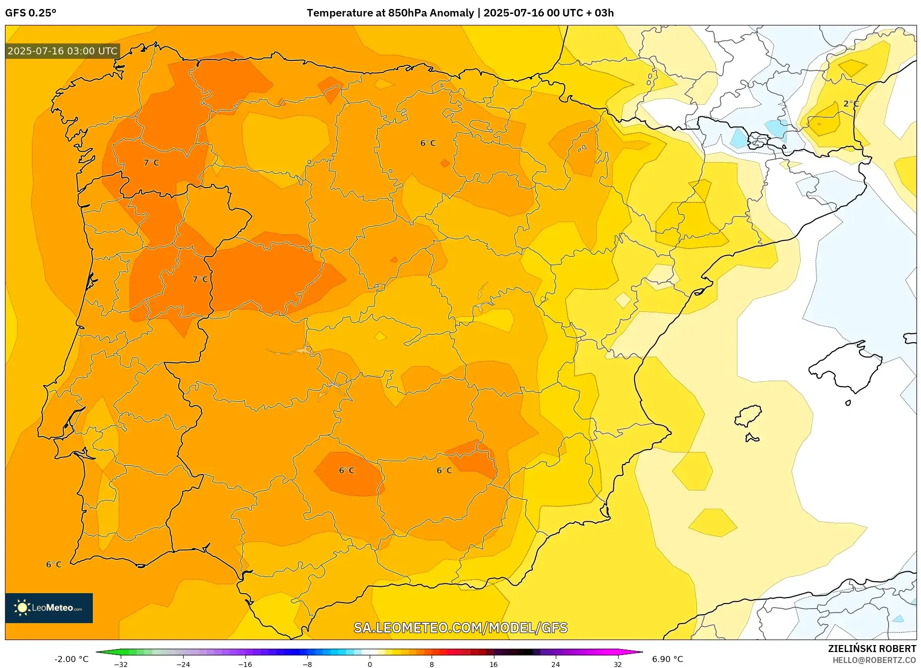 GFS model - Spain, Temperature at 850hPa Anomaly
