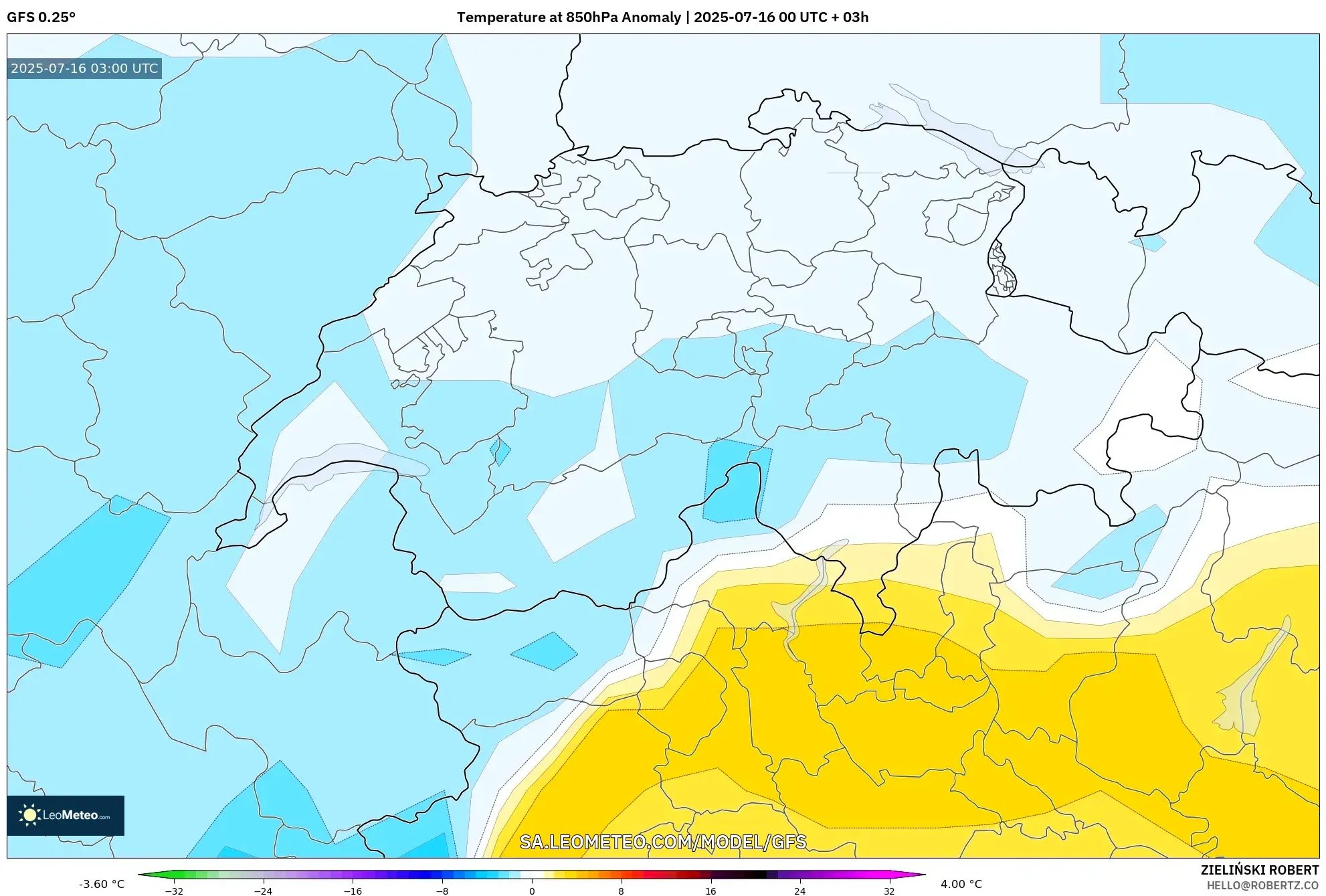 GFS model - Switzerland, Temperature at 850hPa Anomaly GFS model - Switzerland, Temperature at 850hPa Anomaly