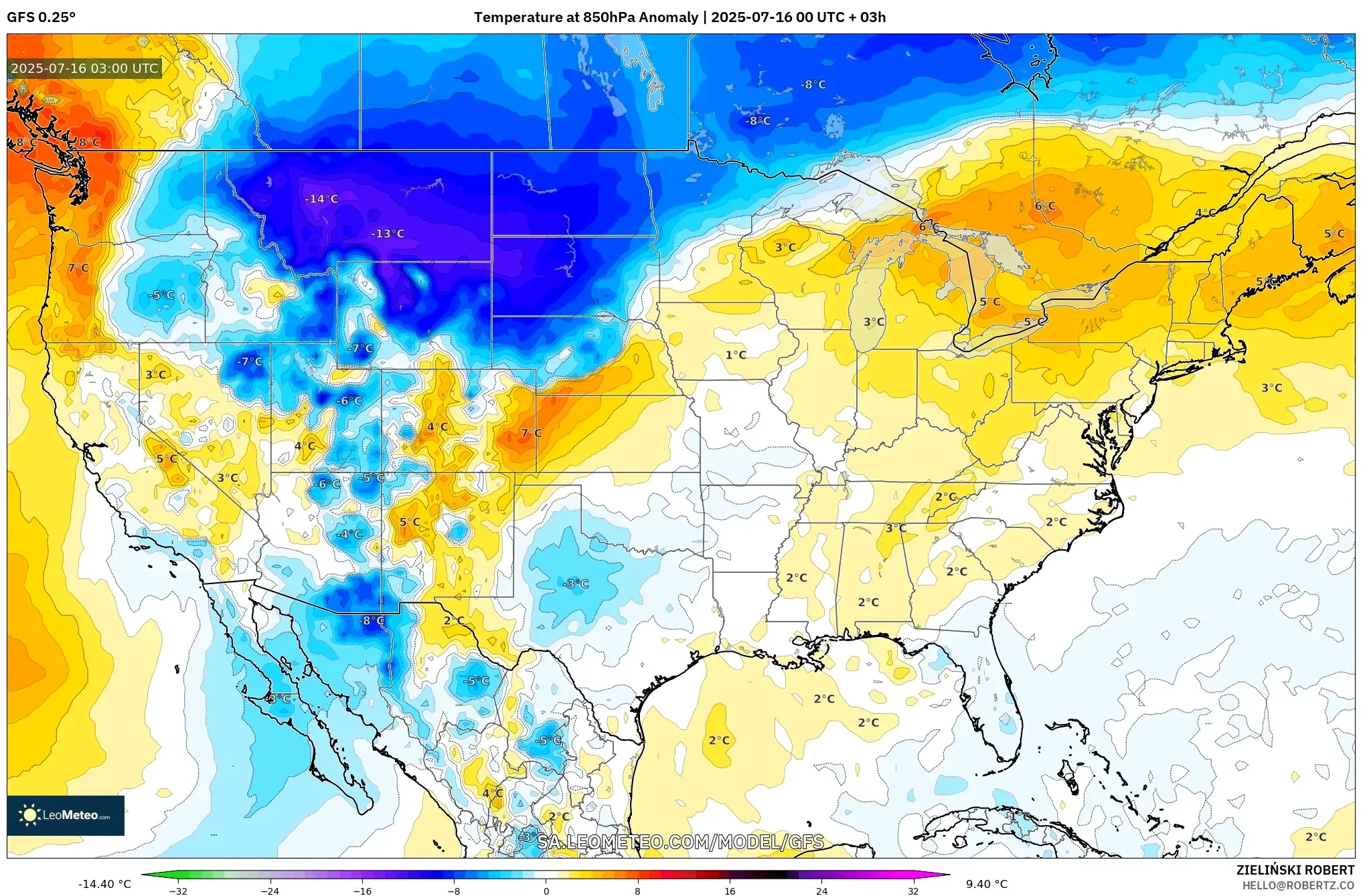 GFS model - United States, Temperature at 850hPa Anomaly GFS model - United States, Temperature at 850hPa Anomaly