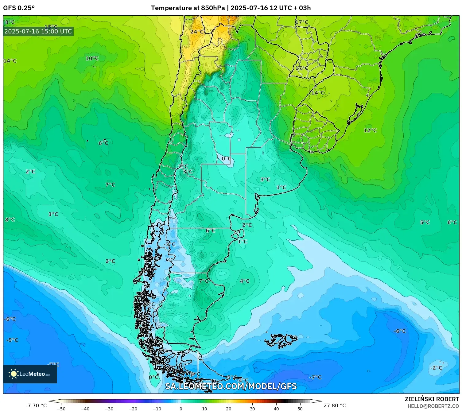 GFS model - Argentina, Temperature at 850hPa GFS model - Argentina, Temperature at 850hPa