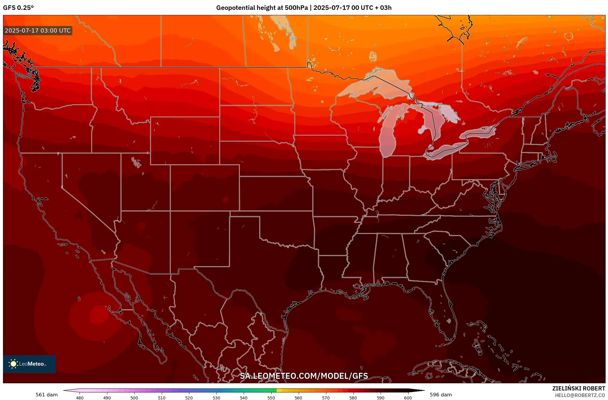 GFS model - United States, Geopotential height at 500hPa