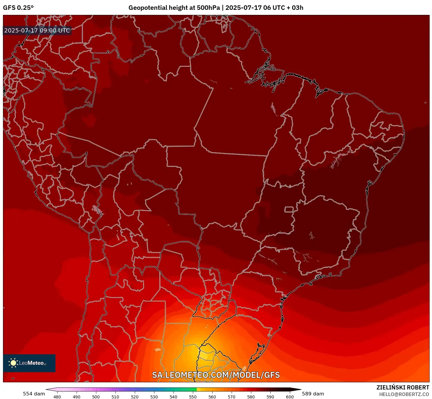 GFS model - Brazil, Geopotential height at 500hPa GFS model - Brazil, Geopotential height at 500hPa