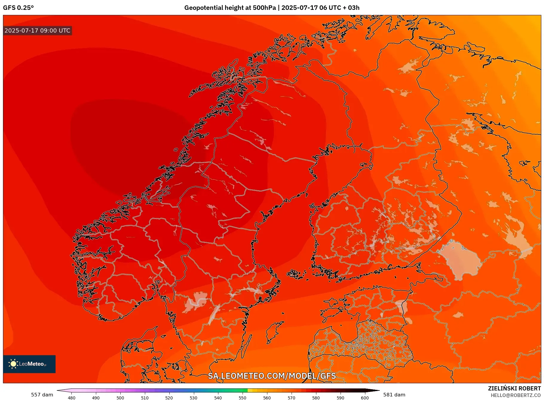 GFS model - Scandinavia, Geopotential height at 500hPa GFS model - Scandinavia, Geopotential height at 500hPa