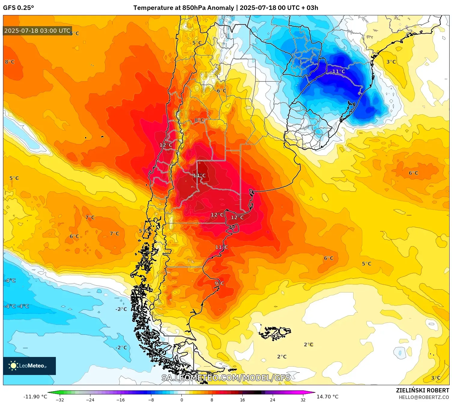 GFS model - Argentina, Anomali Suhu 850 hPa GFS model - Argentina, Anomali Suhu 850 hPa