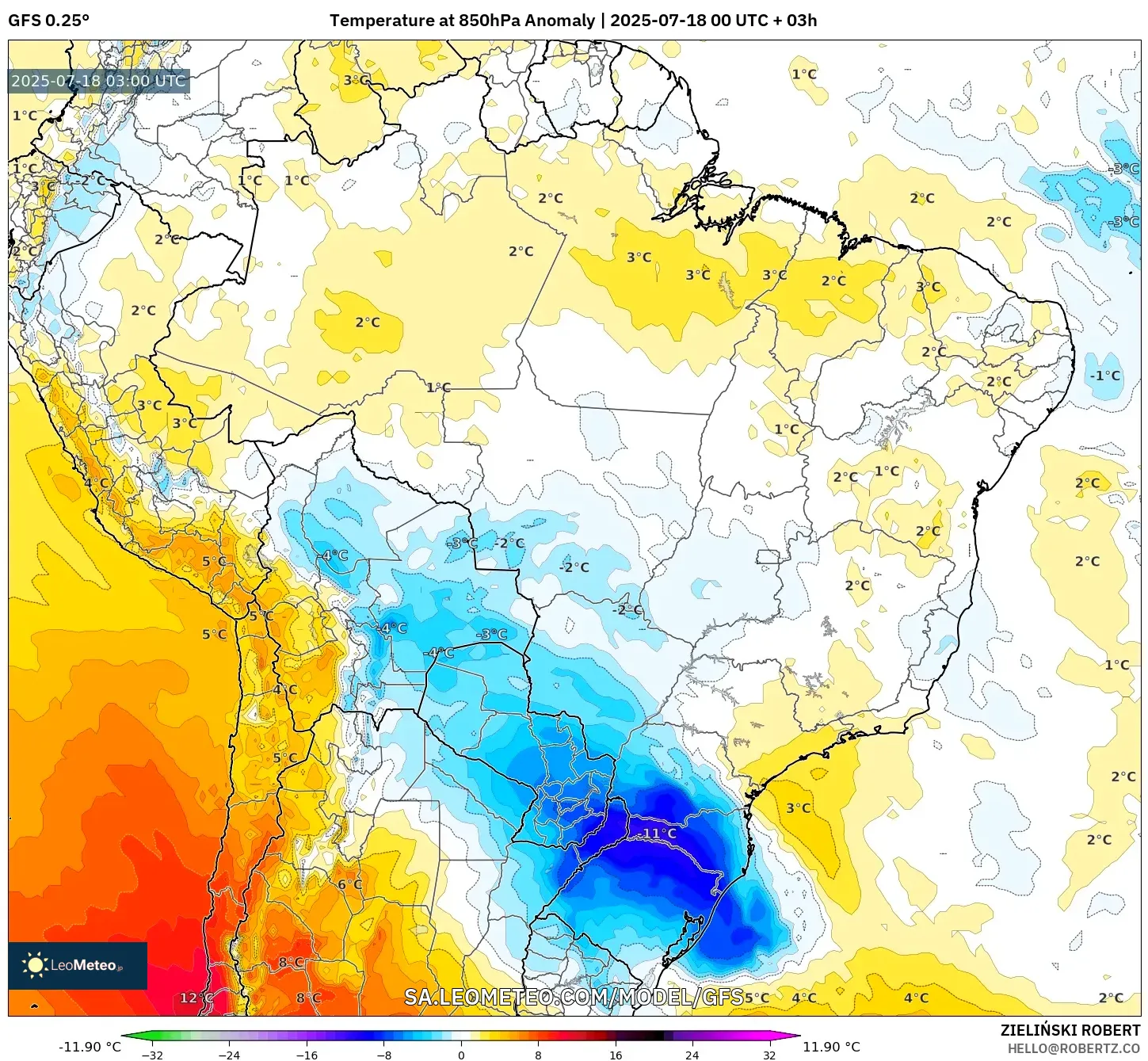 GFS model - Brazil, Anomali Suhu 850 hPa