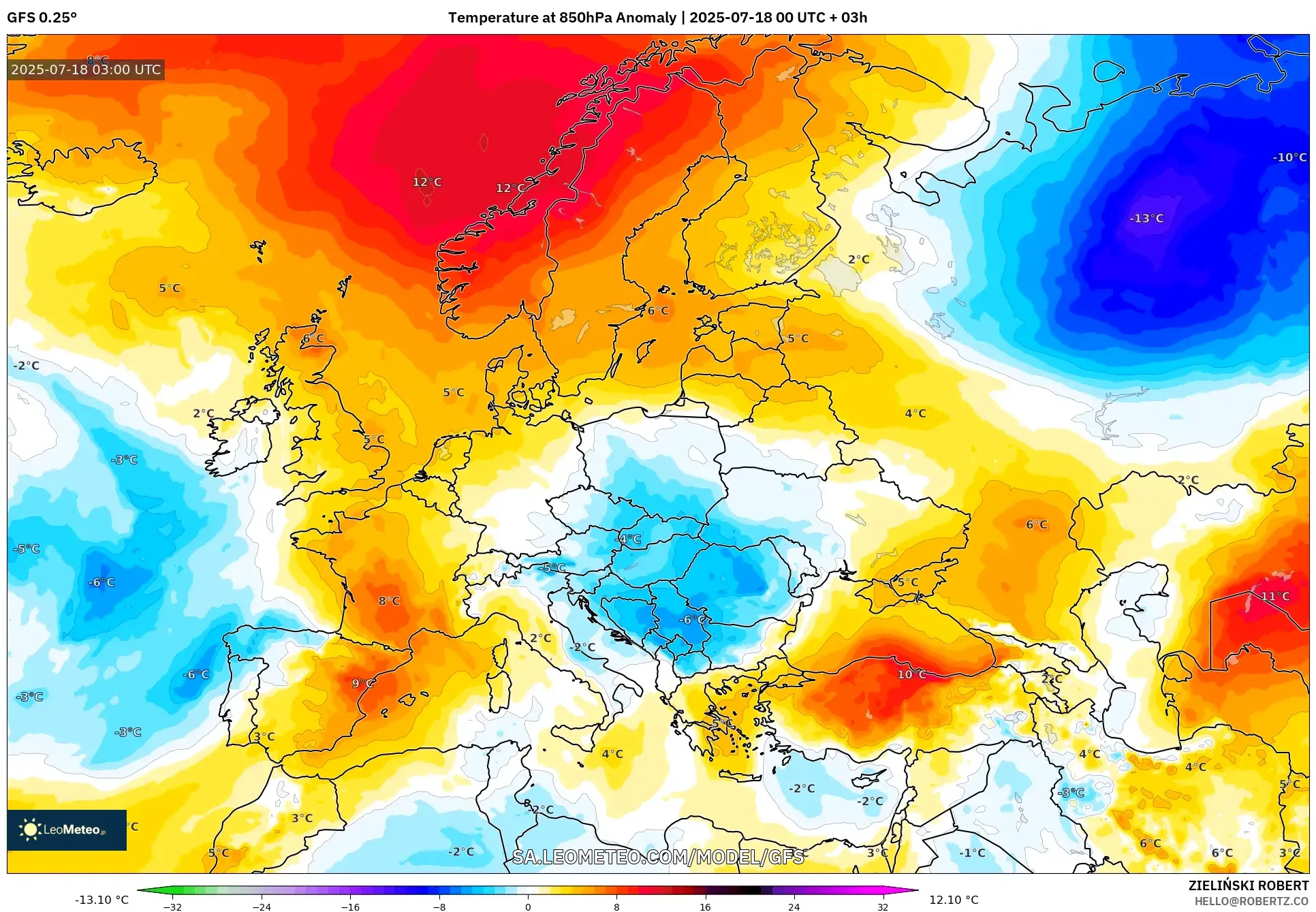 GFS model - Eropah, Anomali Suhu 850 hPa GFS model - Eropah, Anomali Suhu 850 hPa
