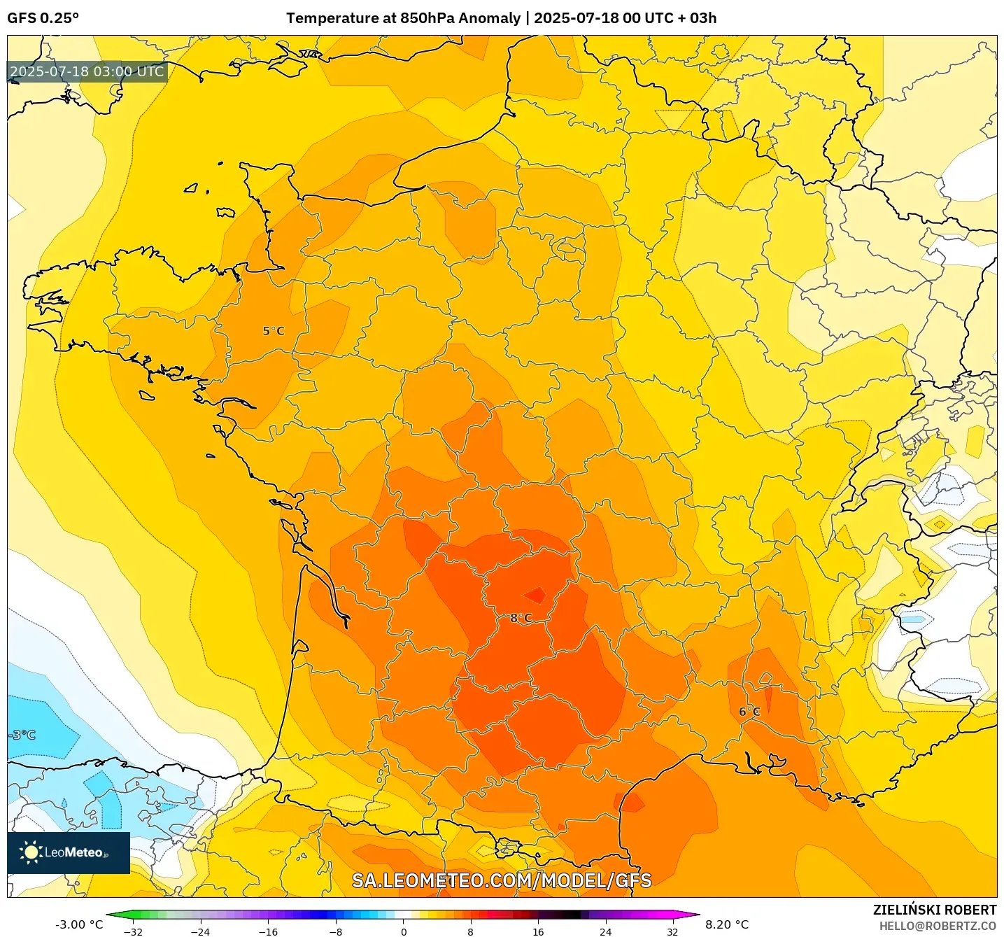 GFS model - Perancis, Anomali Suhu 850 hPa