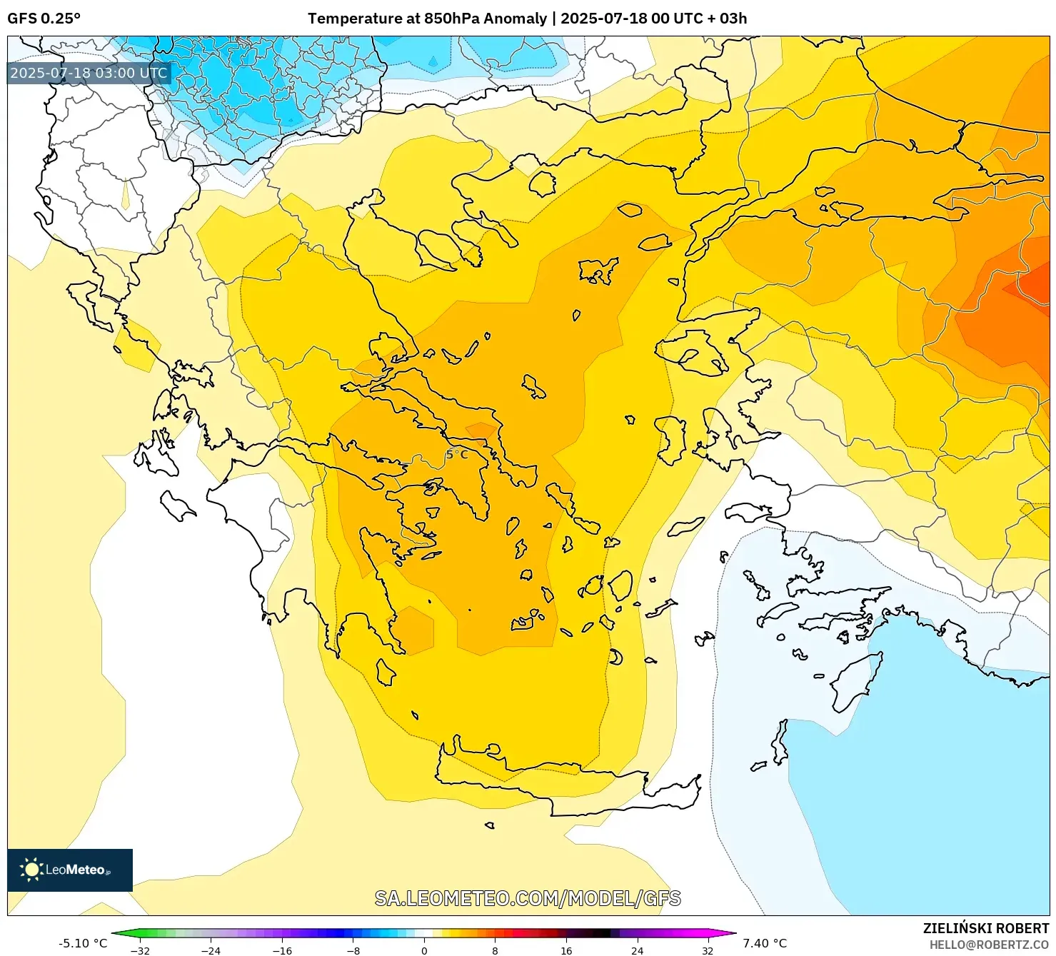 GFS model - Yunani, Anomali Suhu 850 hPa