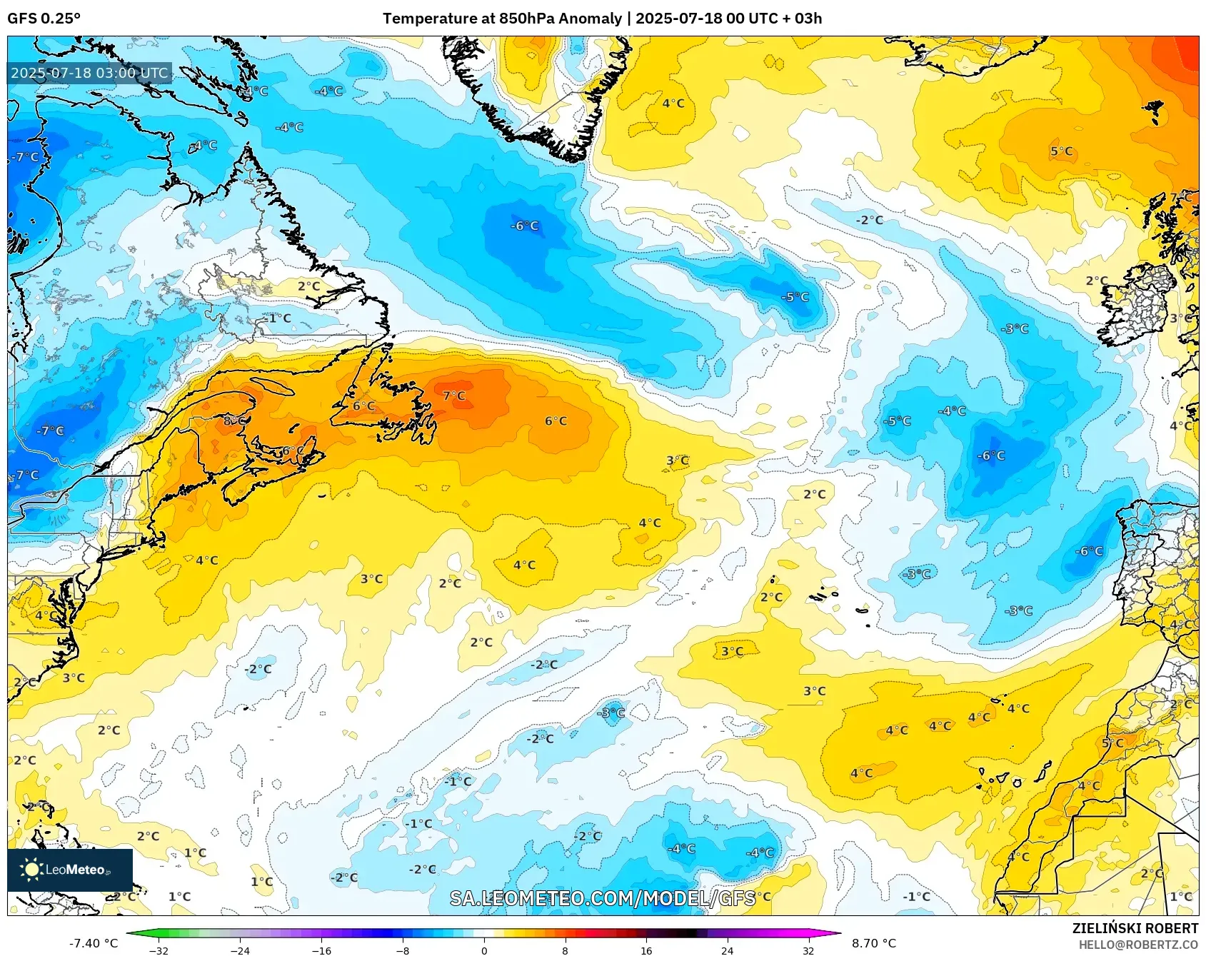 GFS model - Atlantik Utara, Anomali Suhu 850 hPa GFS model - Atlantik Utara, Anomali Suhu 850 hPa