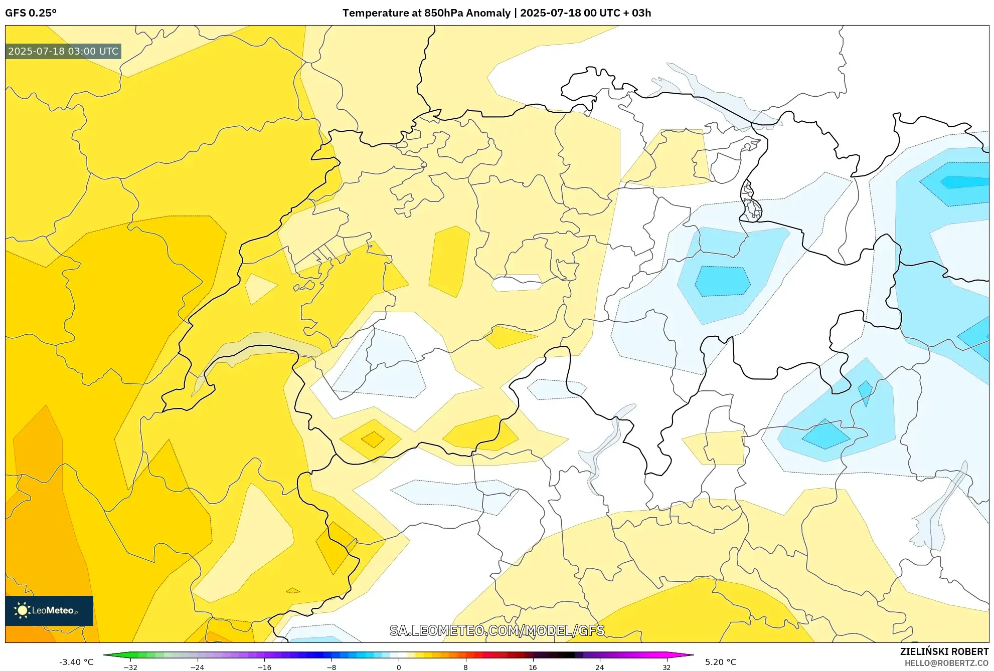 GFS model - Switzerland, Anomali Suhu 850 hPa