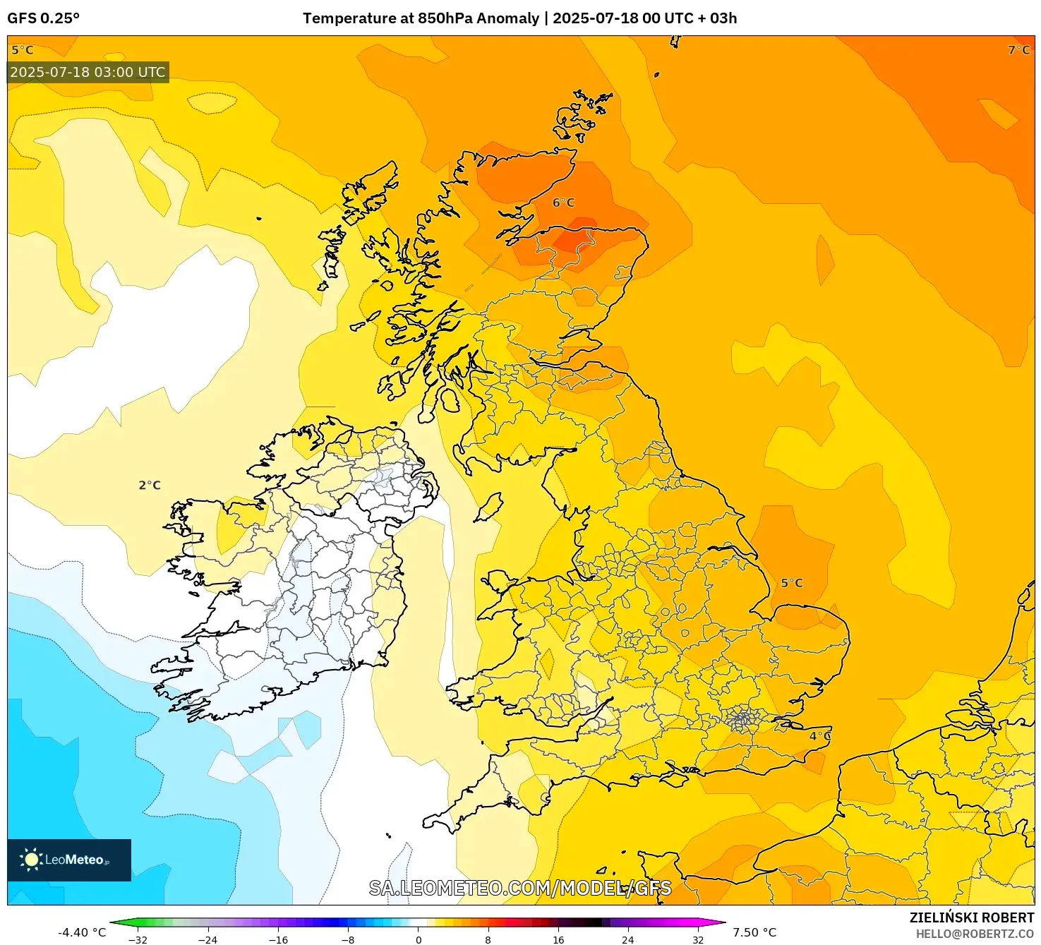 GFS model - United Kingdom, Anomali Suhu 850 hPa GFS model - United Kingdom, Anomali Suhu 850 hPa