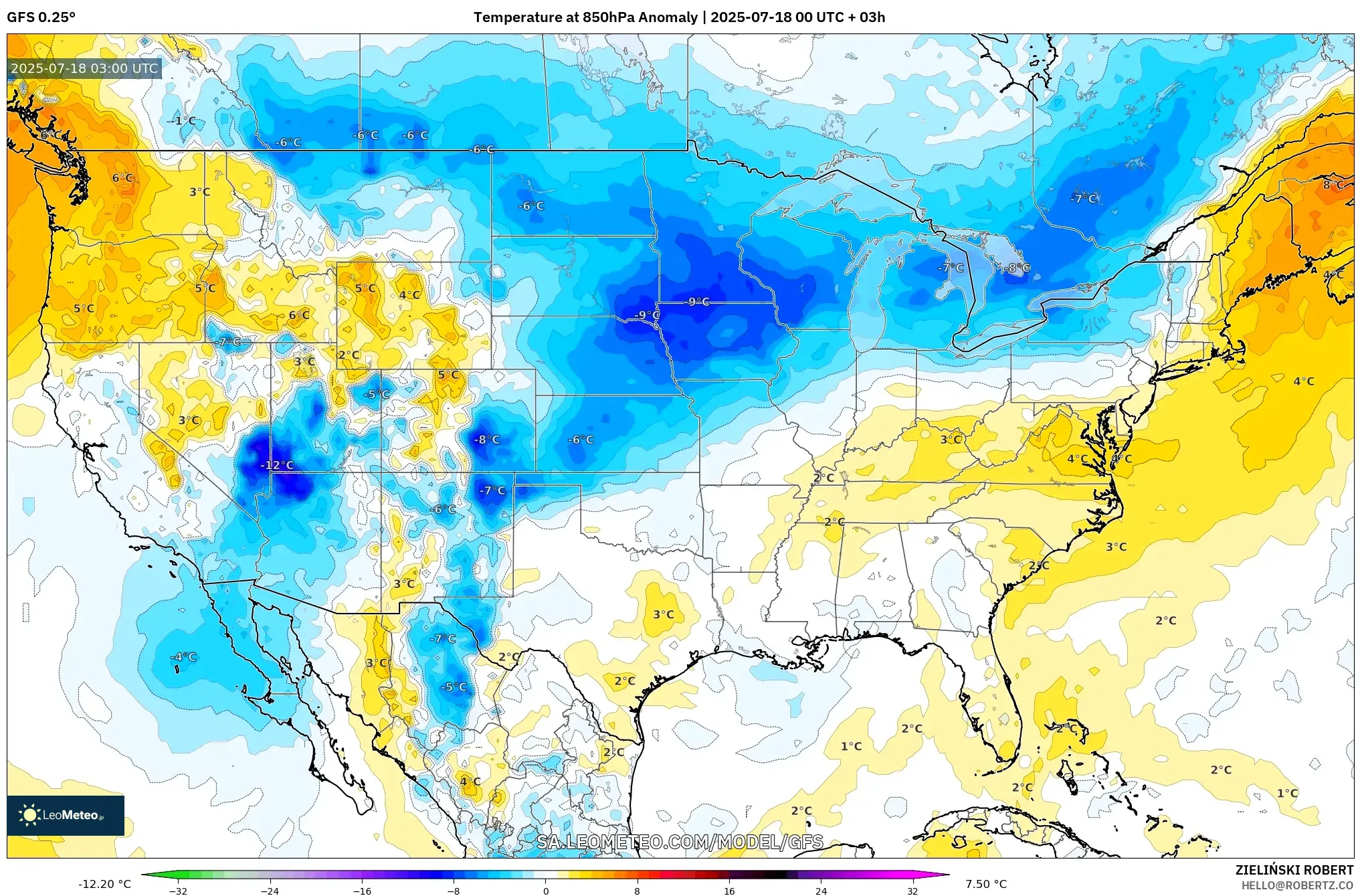 GFS model - Amerika Syarikat, Anomali Suhu 850 hPa