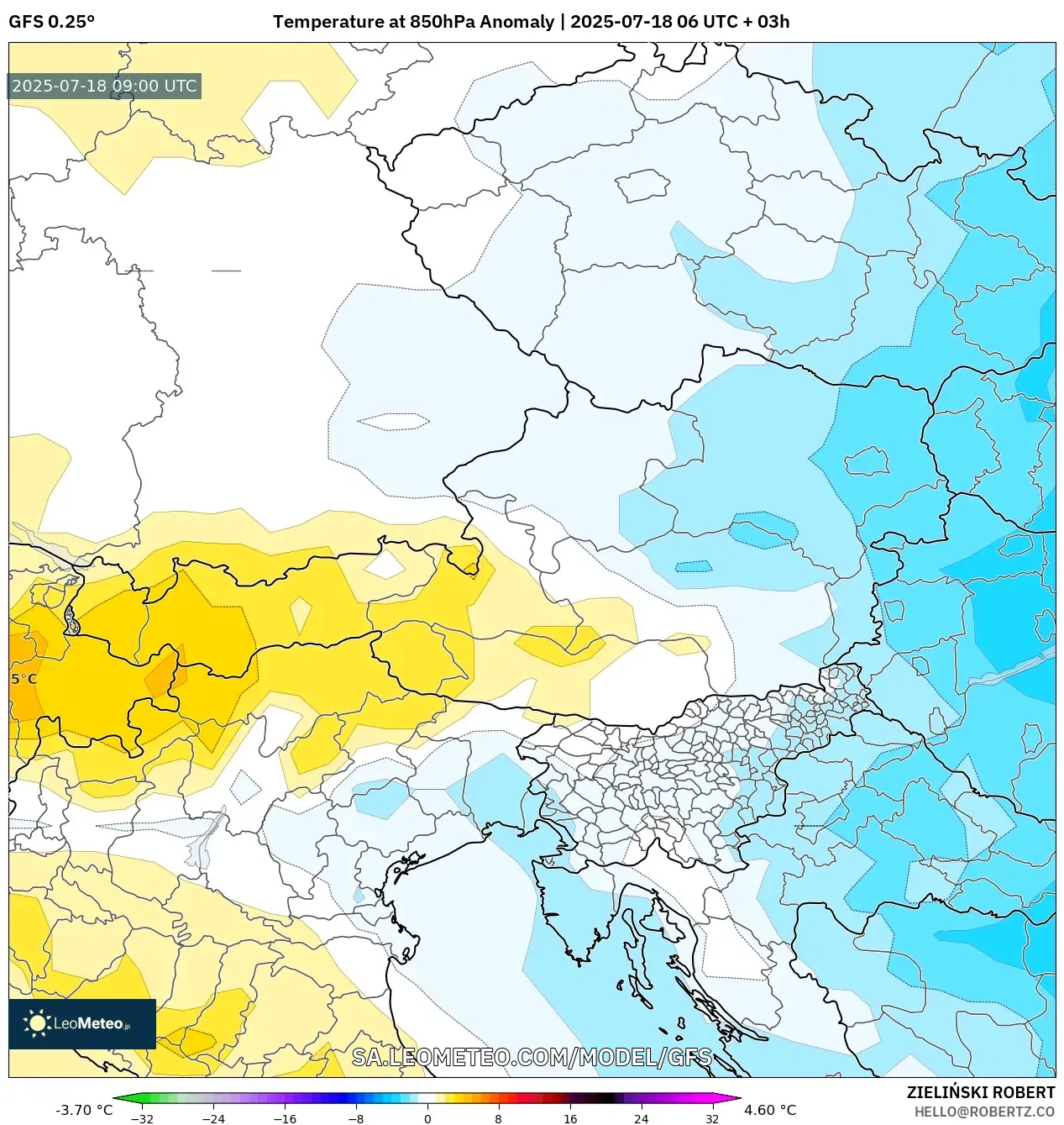 GFS model - Austria, Anomali Suhu 850 hPa