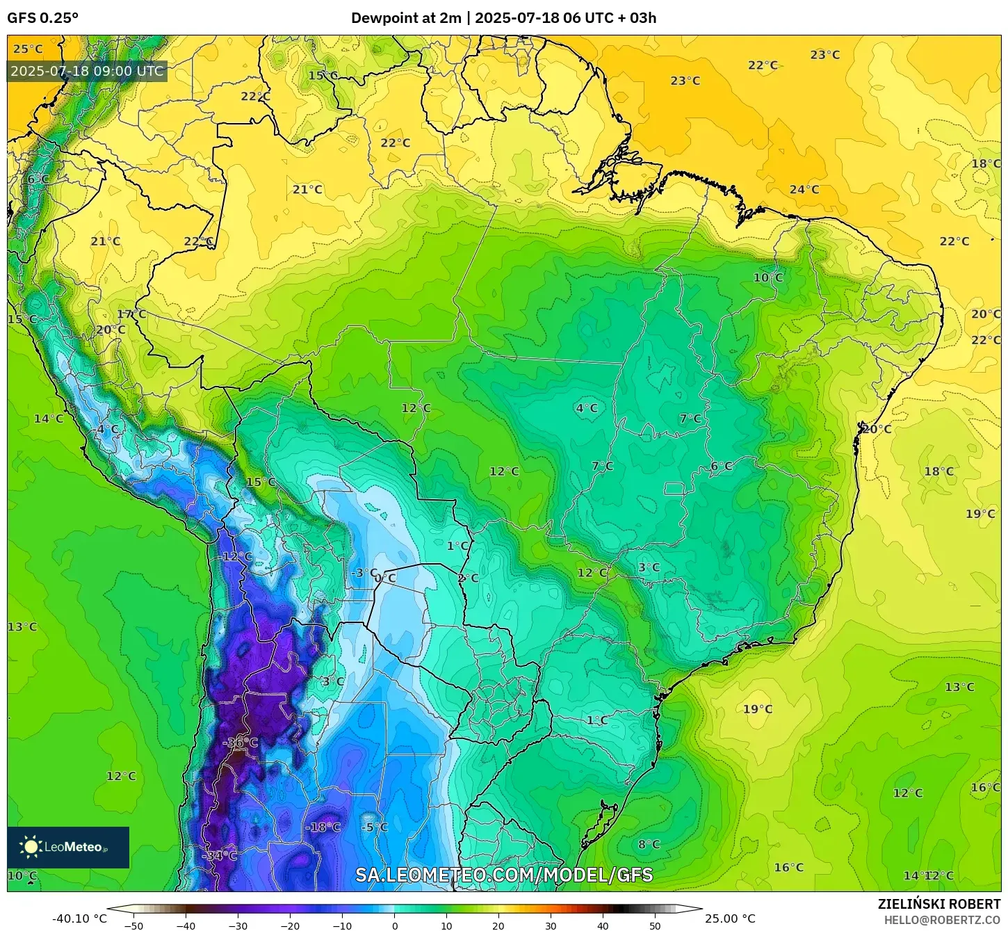GFS model - Brazil, Dewpoint at 2m