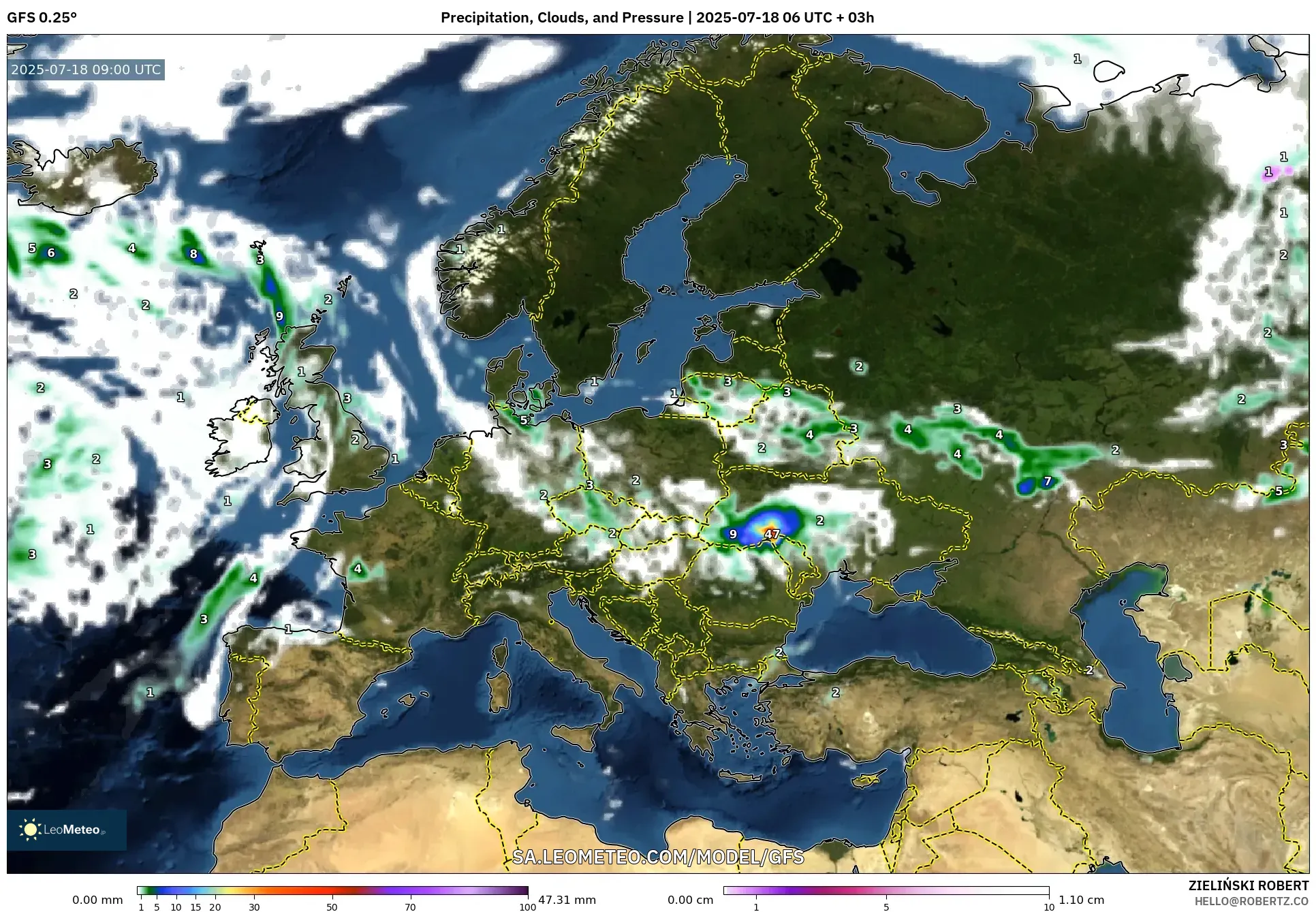 GFS model - Europe, Precipitation, Clouds, and Pressure