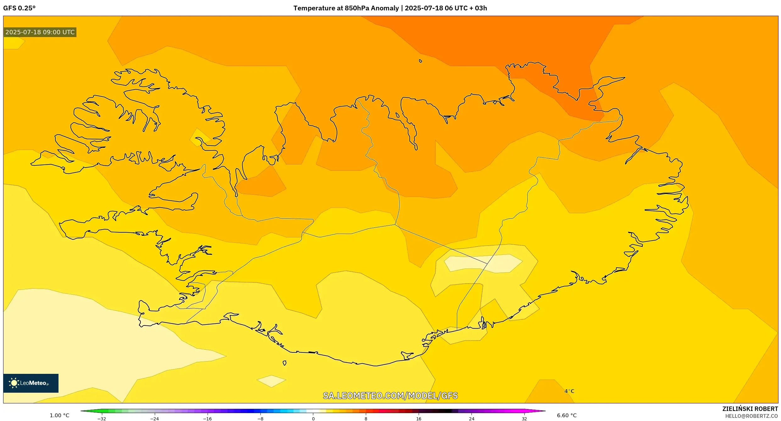 GFS model - Iceland, Anomali Suhu 850 hPa GFS model - Iceland, Anomali Suhu 850 hPa