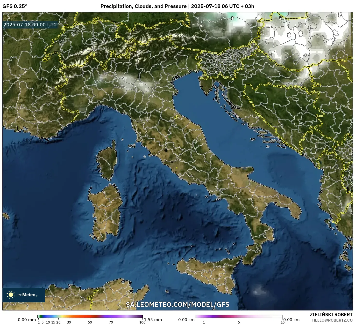 GFS model - Italy, Precipitation, Clouds, and Pressure GFS model - Italy, Precipitation, Clouds, and Pressure