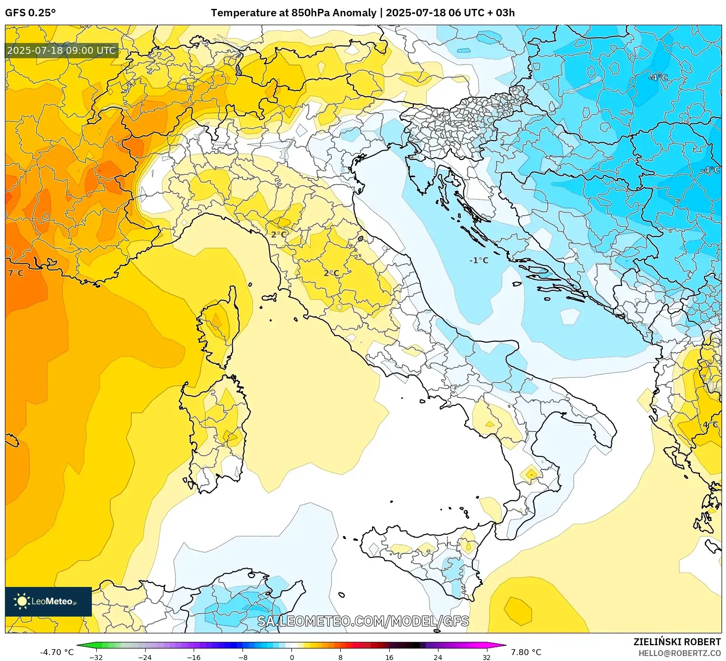 GFS model - Itali, Anomali Suhu 850 hPa GFS model - Itali, Anomali Suhu 850 hPa