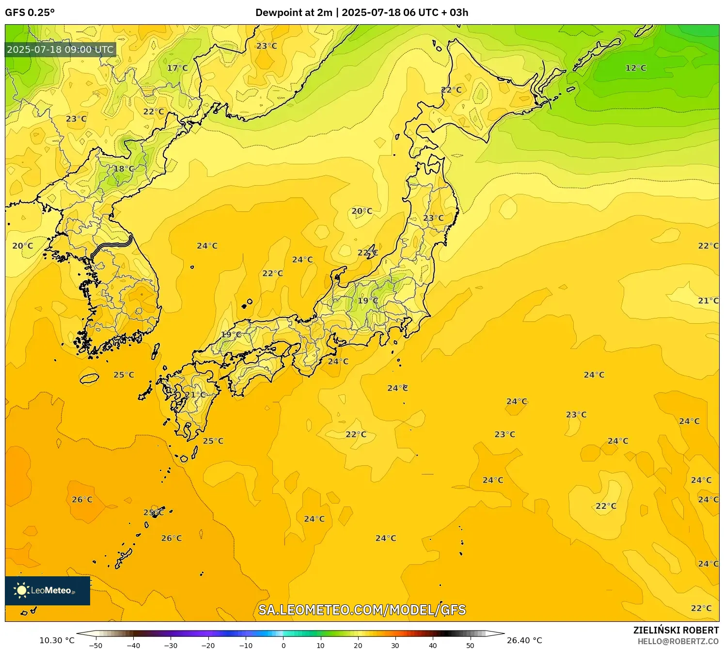 GFS model - Japan, Dewpoint at 2m GFS model - Japan, Dewpoint at 2m