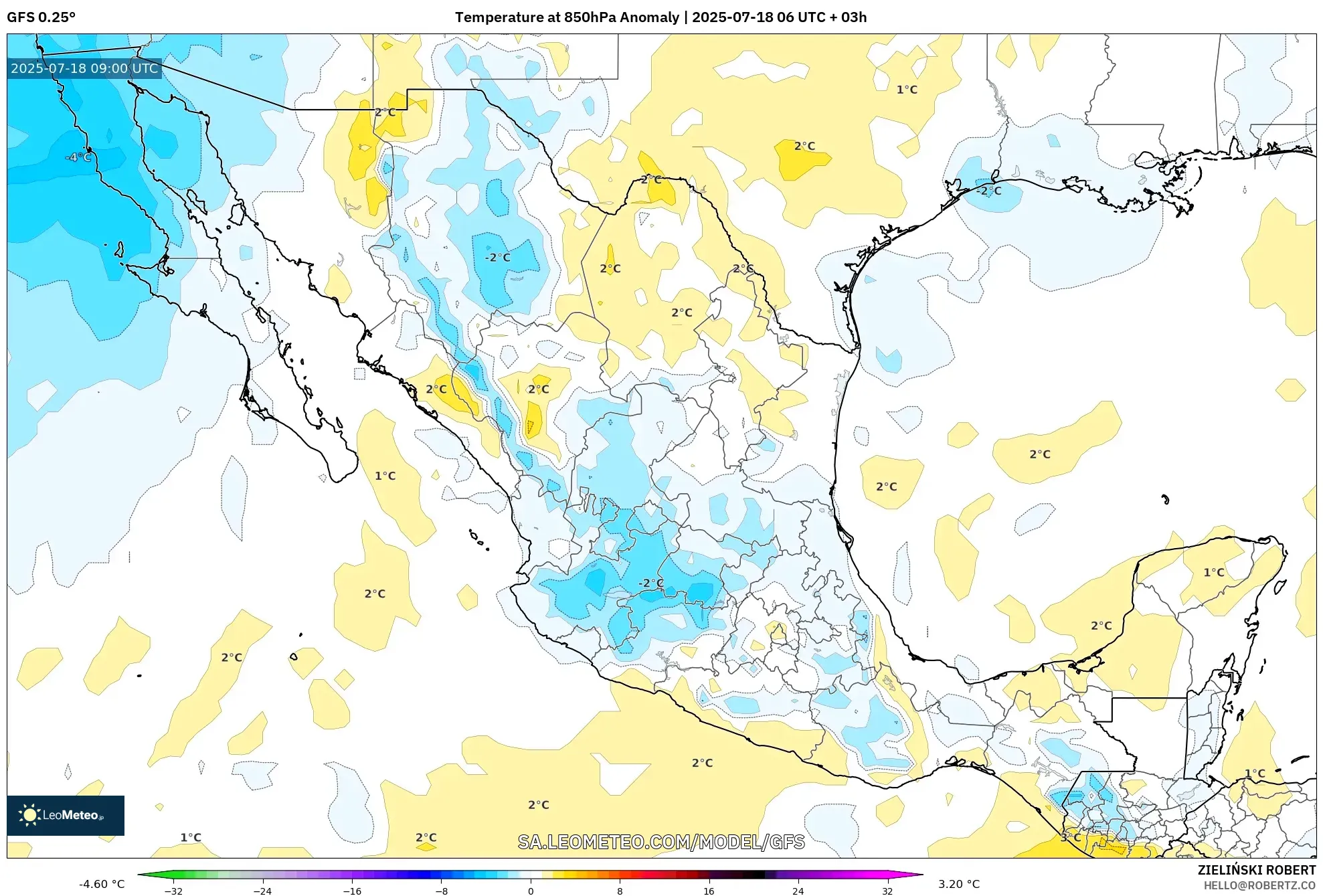 GFS model - Mexico, Anomali Suhu 850 hPa