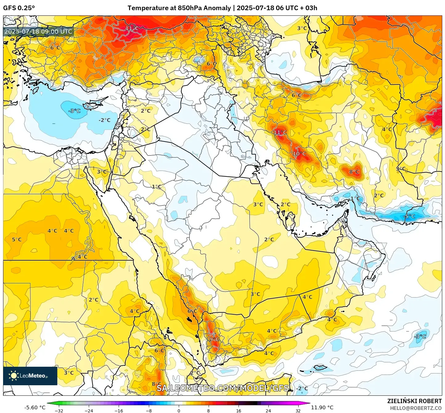GFS model - Timur Tengah, Anomali Suhu 850 hPa