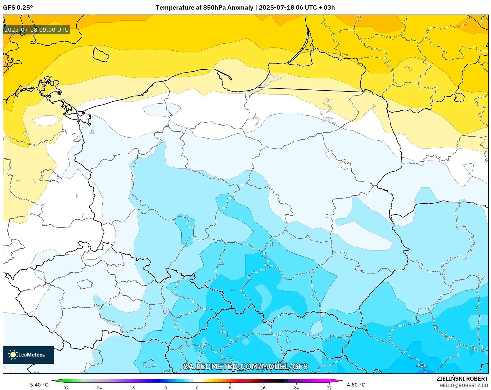 GFS model - Poland, Anomali Suhu 850 hPa GFS model - Poland, Anomali Suhu 850 hPa