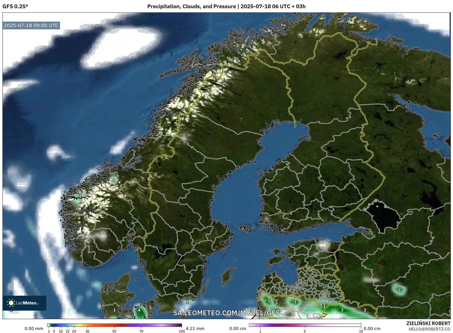 GFS model - Scandinavia, Precipitation, Clouds, and Pressure GFS model - Scandinavia, Precipitation, Clouds, and Pressure