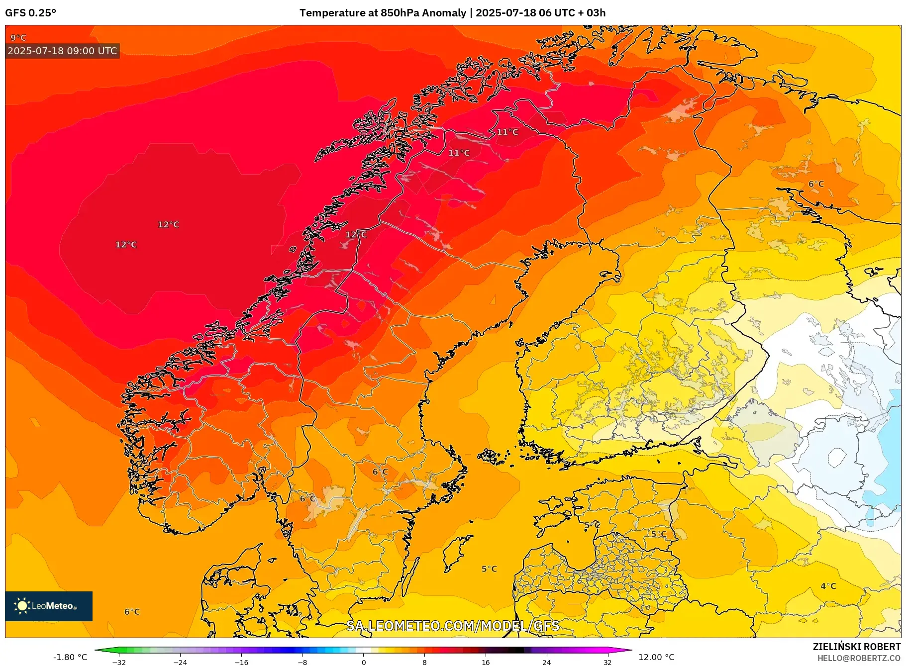 GFS model - Skandinavia, Anomali Suhu 850 hPa GFS model - Skandinavia, Anomali Suhu 850 hPa