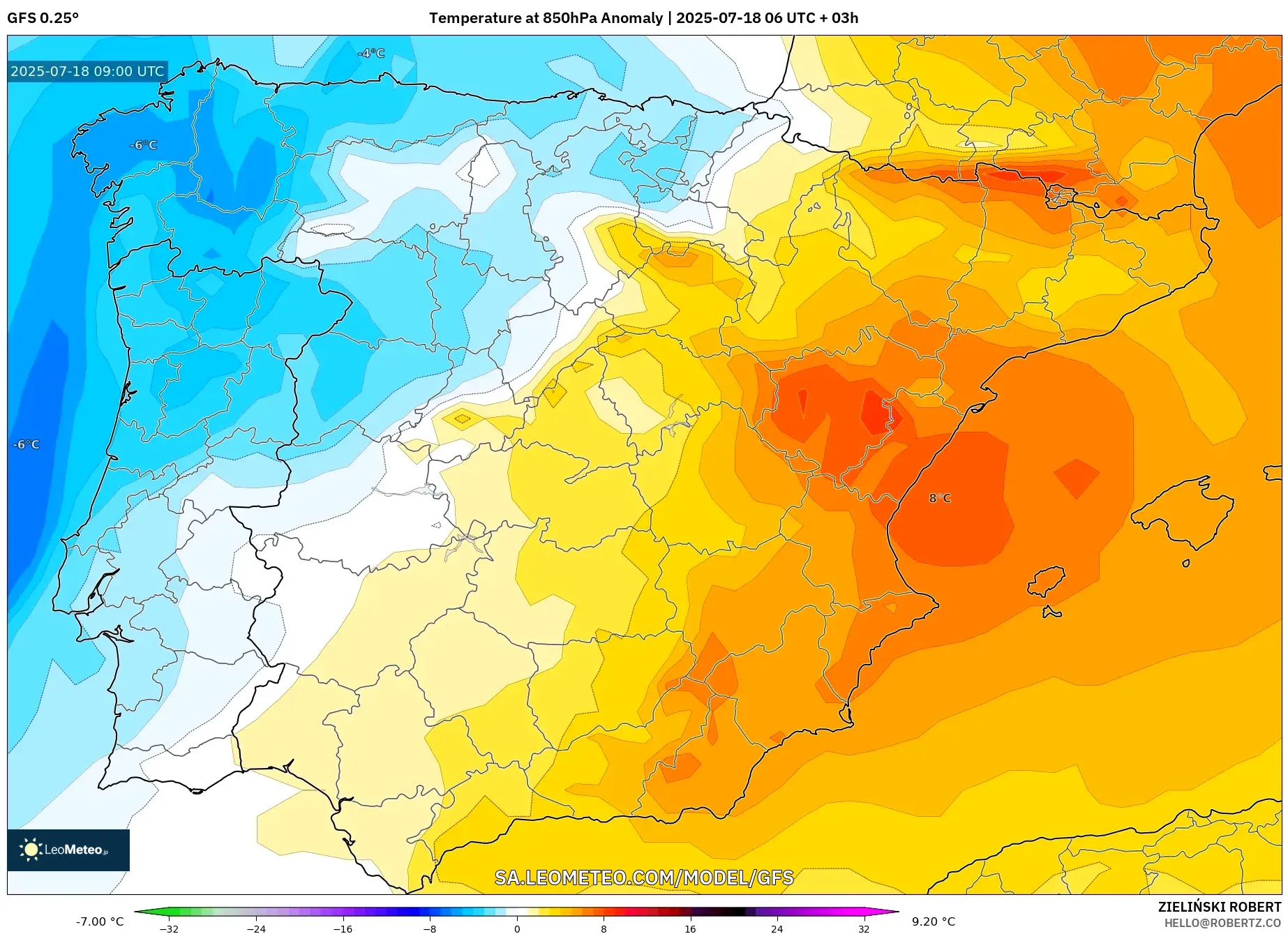 GFS model - Sepanyol, Anomali Suhu 850 hPa GFS model - Sepanyol, Anomali Suhu 850 hPa