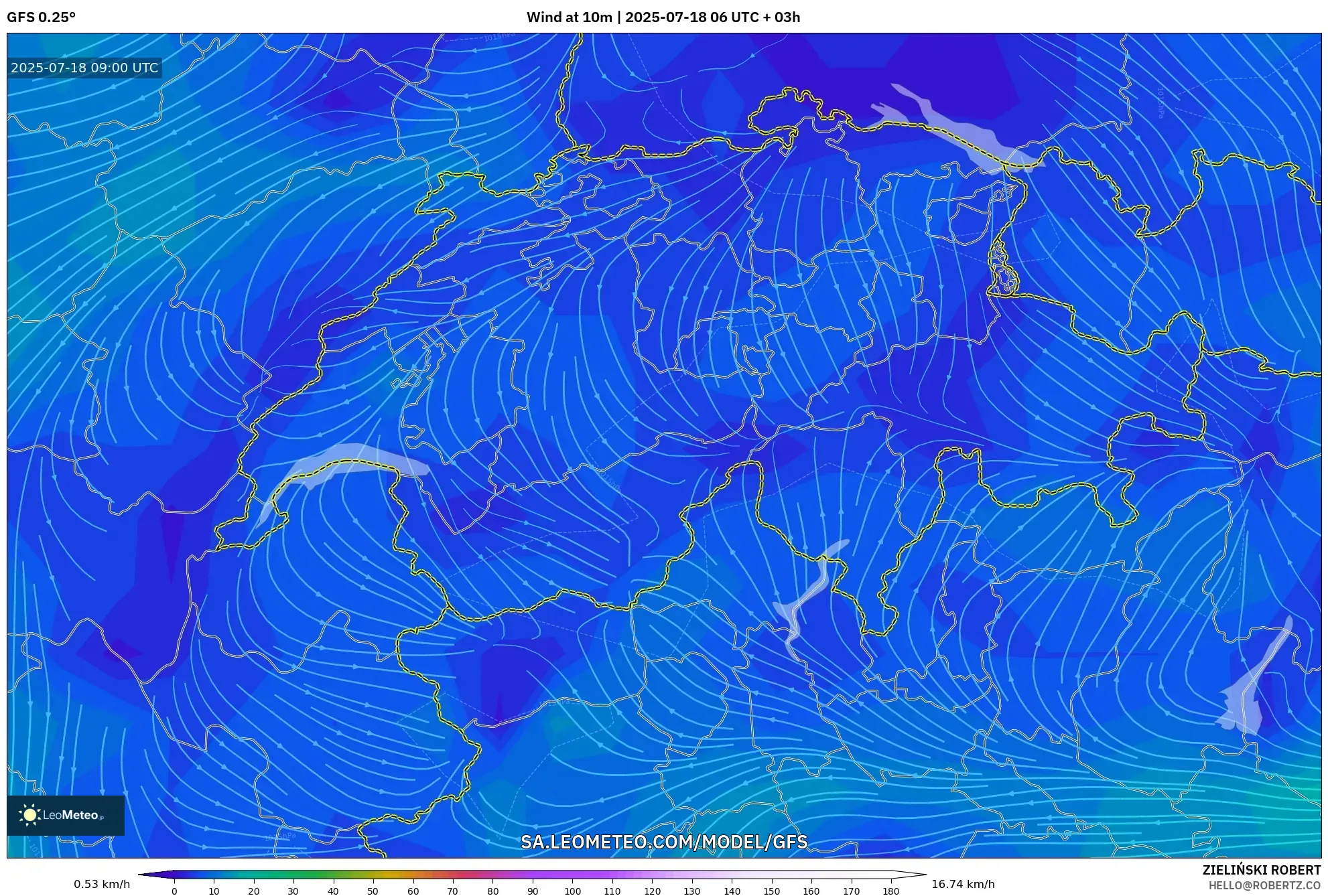 GFS model - Switzerland, Wind at 10m