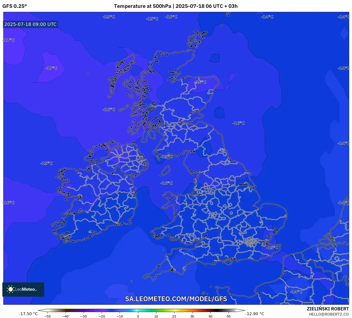 GFS model - United Kingdom, Temperature at 500hPa